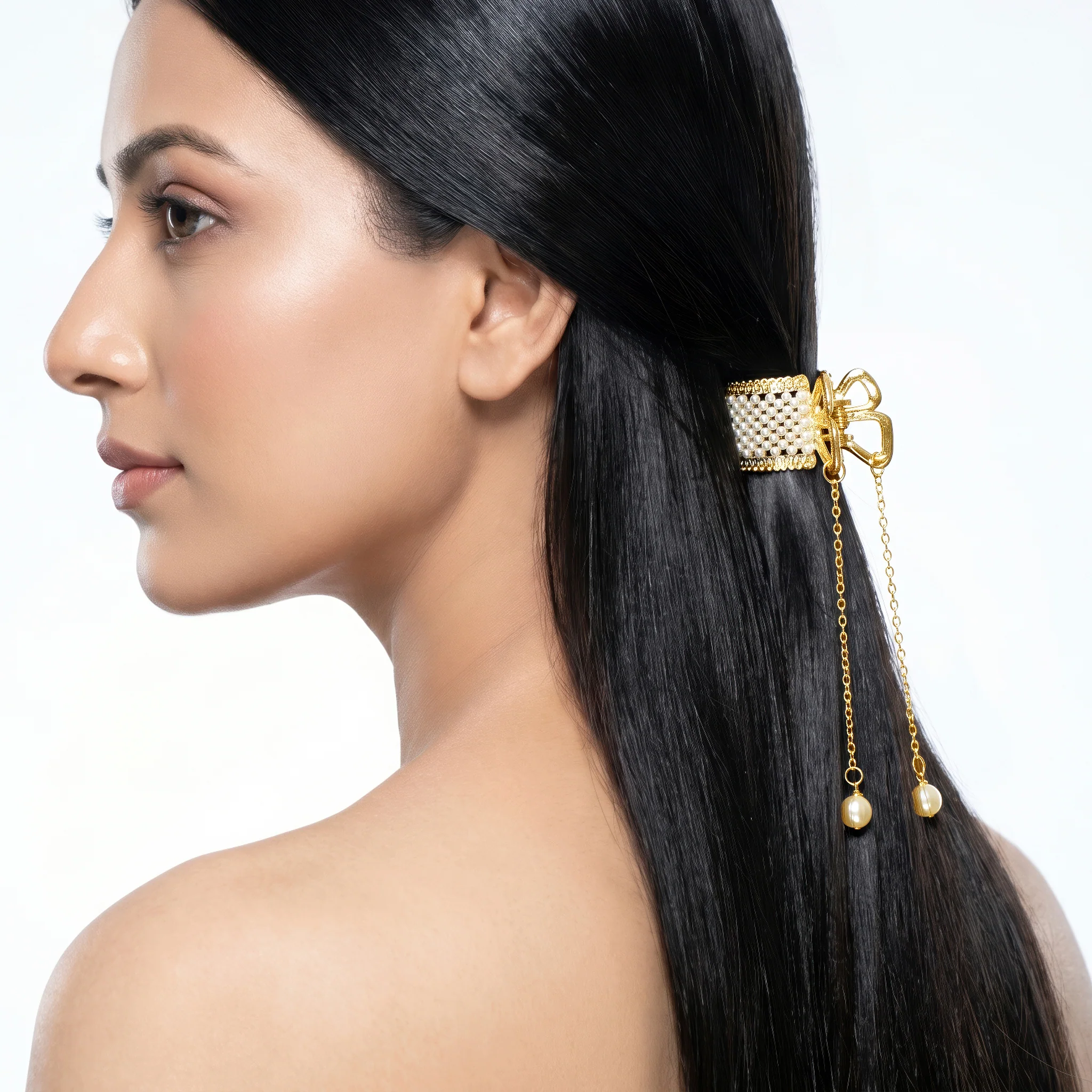 PRAO Hair Claw Clip Anti-Tarnish Pearl Encrusted With Tassel Drop - Image 3