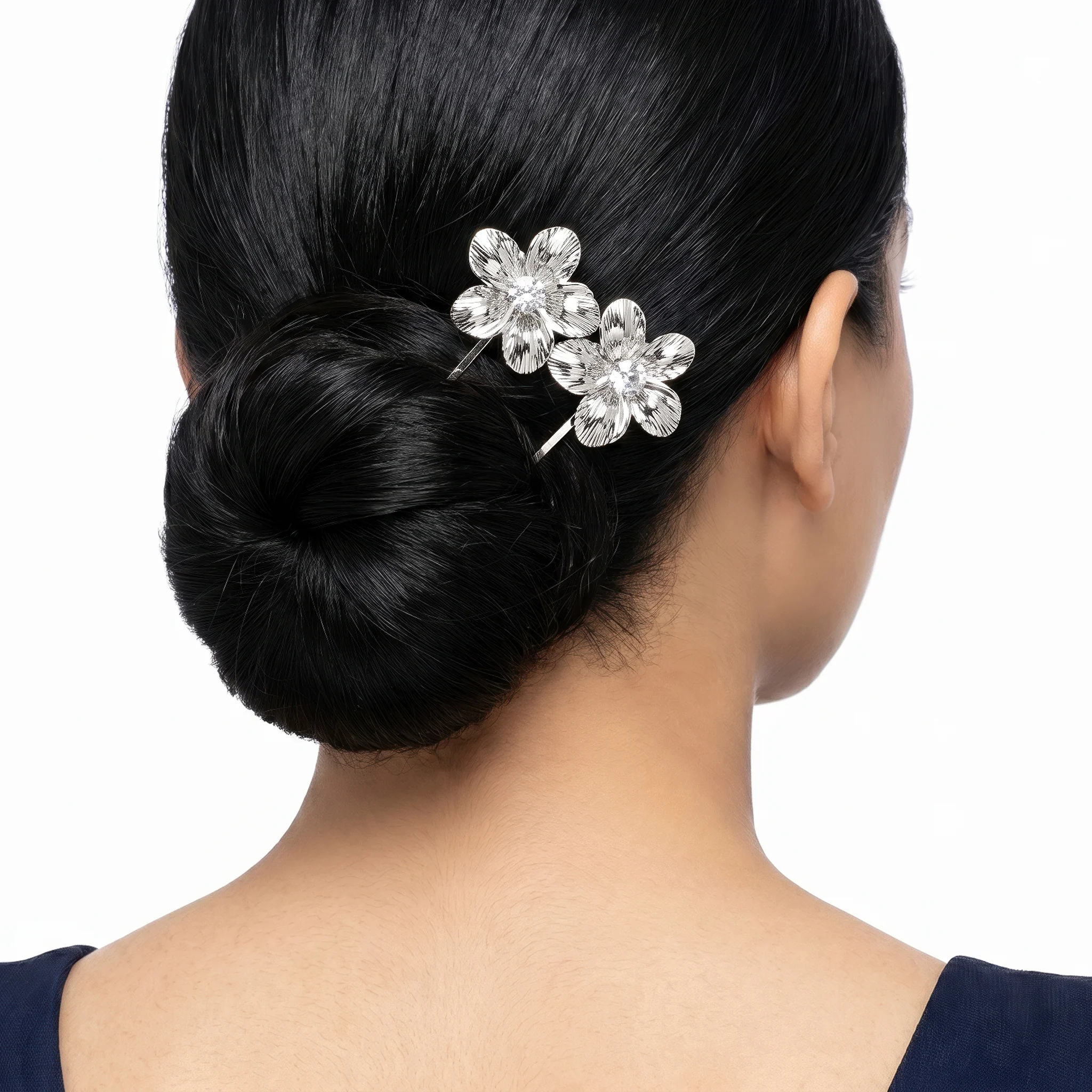 PRAO Hair Pin Anti-Tarnish Floral Pin Pair Textured Petals Rhinestone Center - Image 2