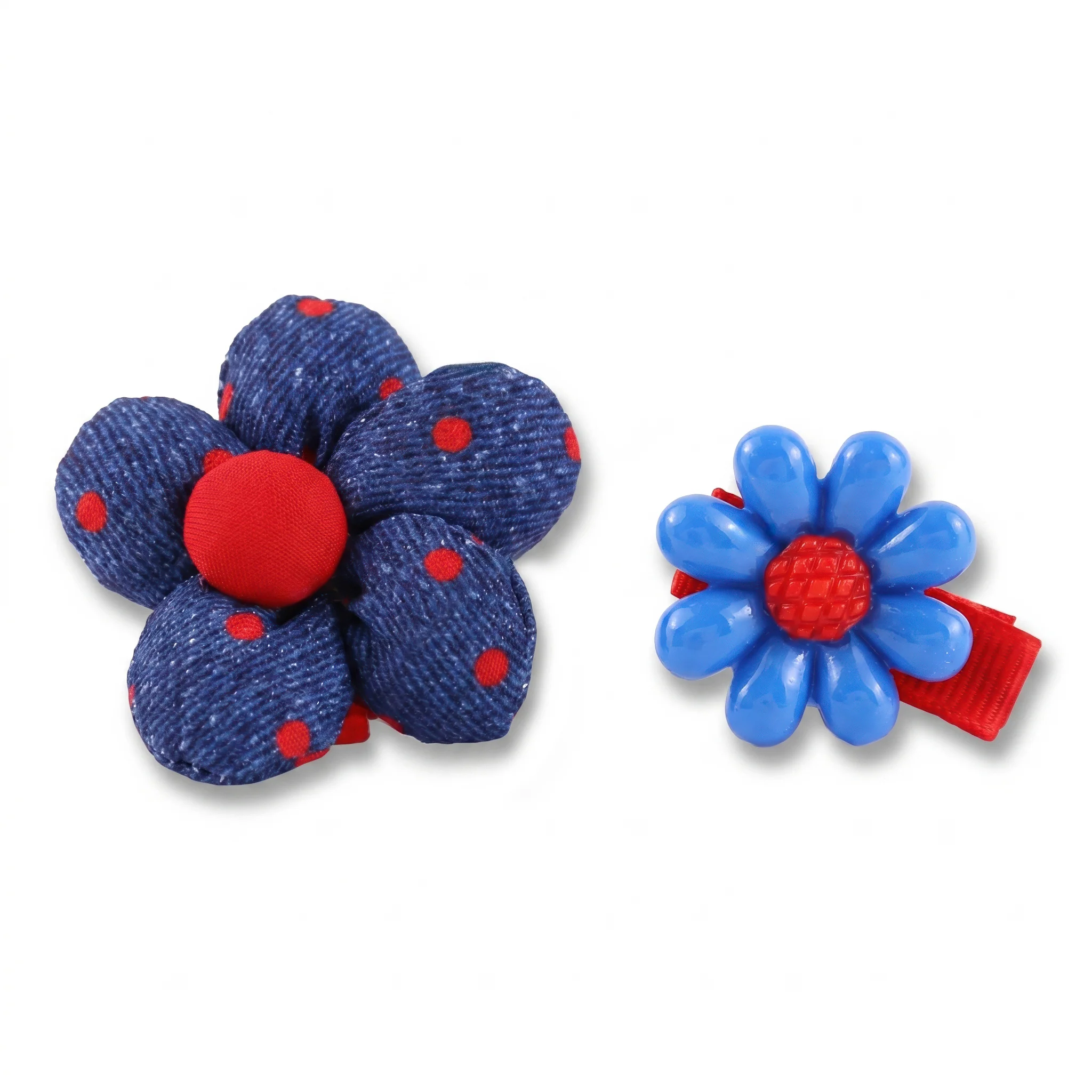 PRAO 2 Hair Clip Anti-Tarnish Blue Flower Pair Plastic Fabric Red Polka Dot - Image 3