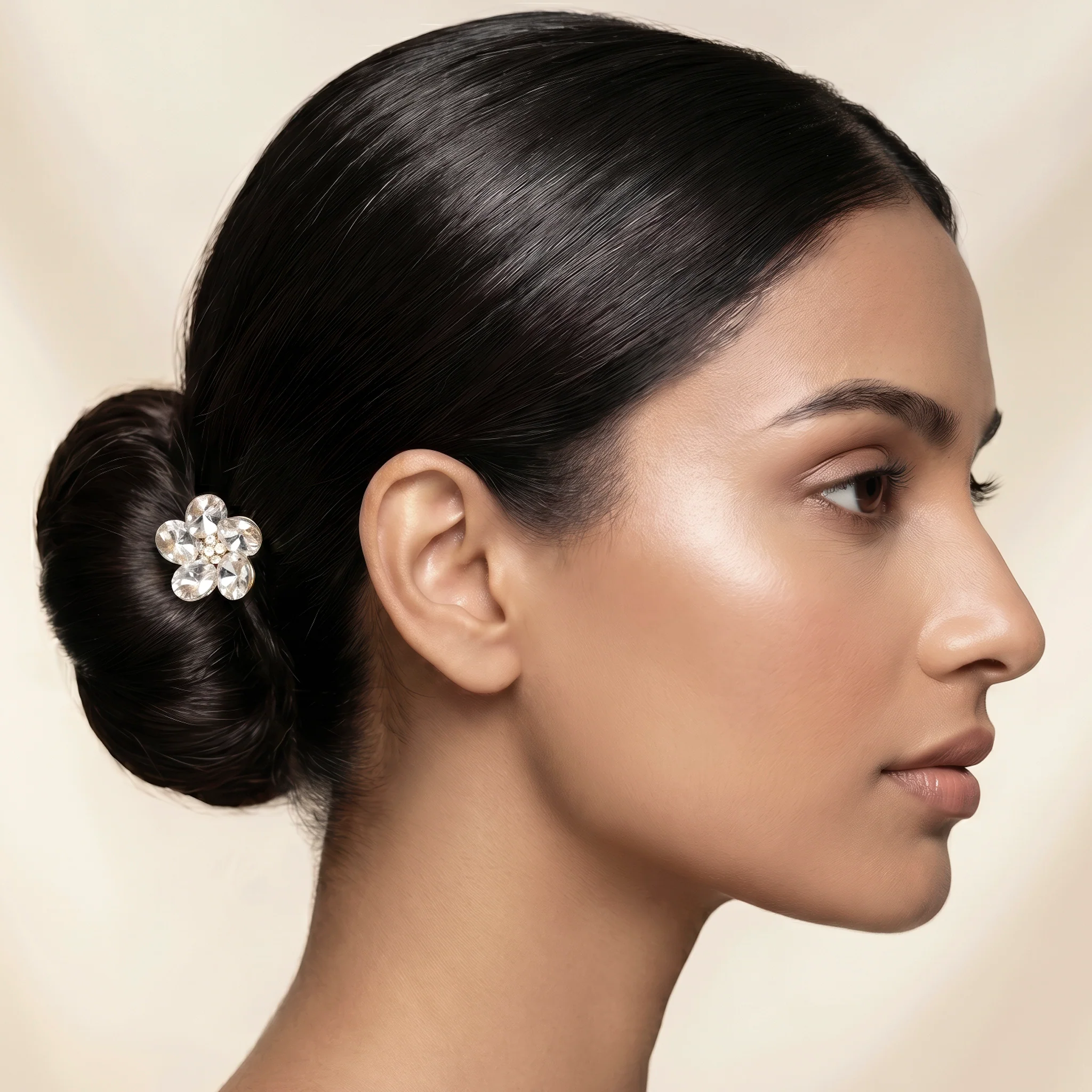 PRAO Bun Pin Anti-Tarnish White Crystal Flower - Image 3