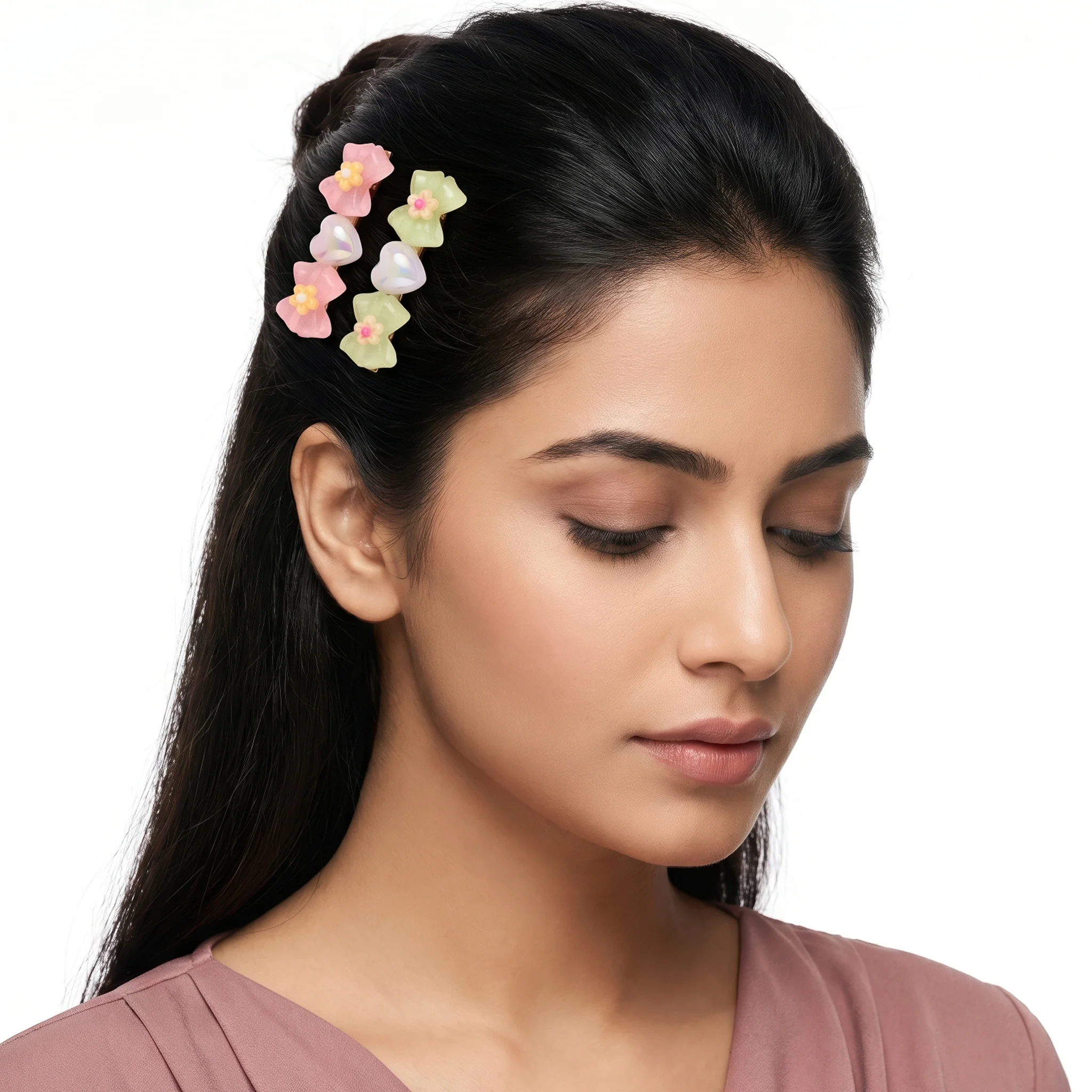PRAO 2 Hair Clip Anti-Tarnish Pastel Pink Lime Resin Bow Pair Flower Center Iridescent Heart Accent - Image 2