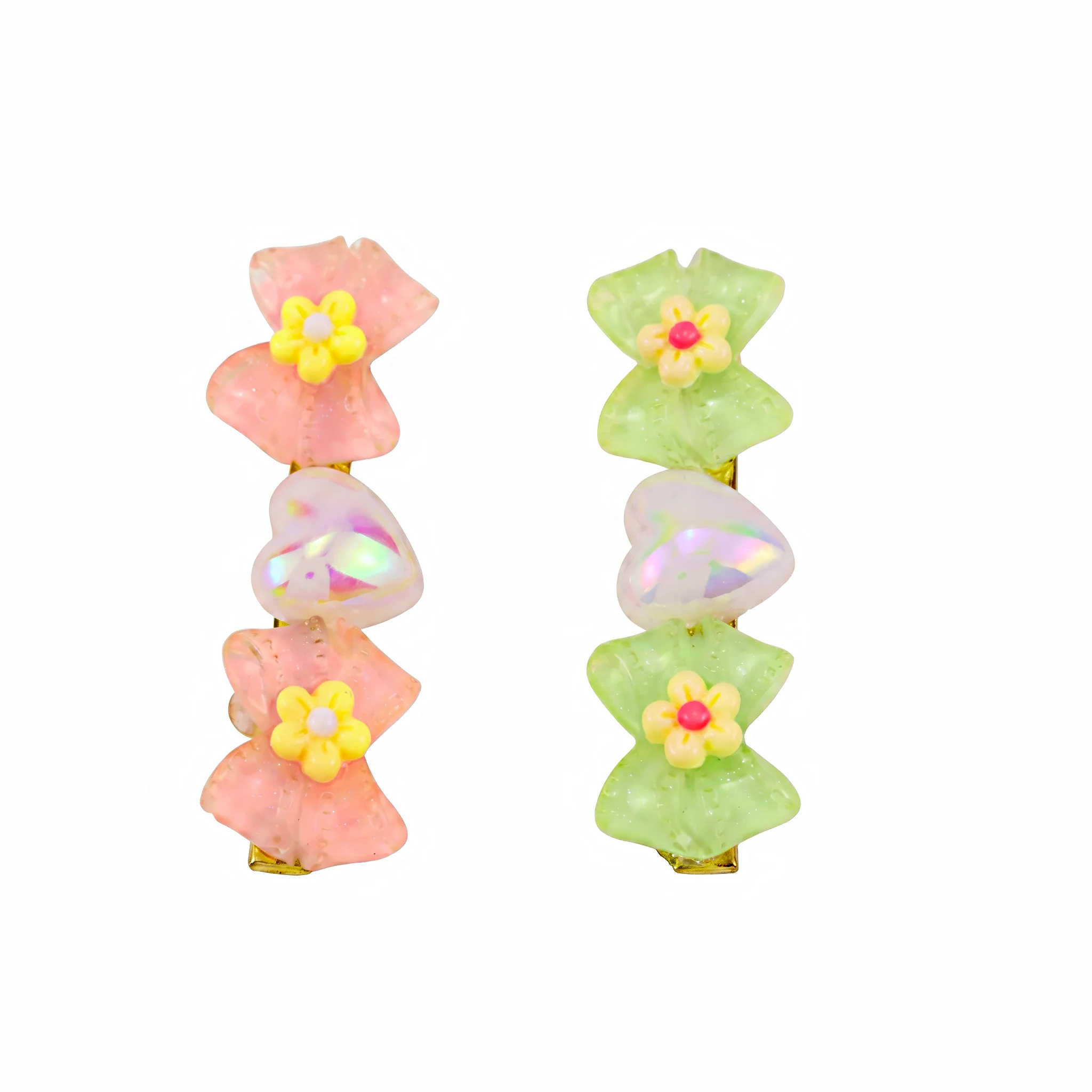 PRAO 2 Hair Clip Anti-Tarnish Pastel Pink Lime Resin Bow Pair Flower Center Iridescent Heart Accent - Image 3