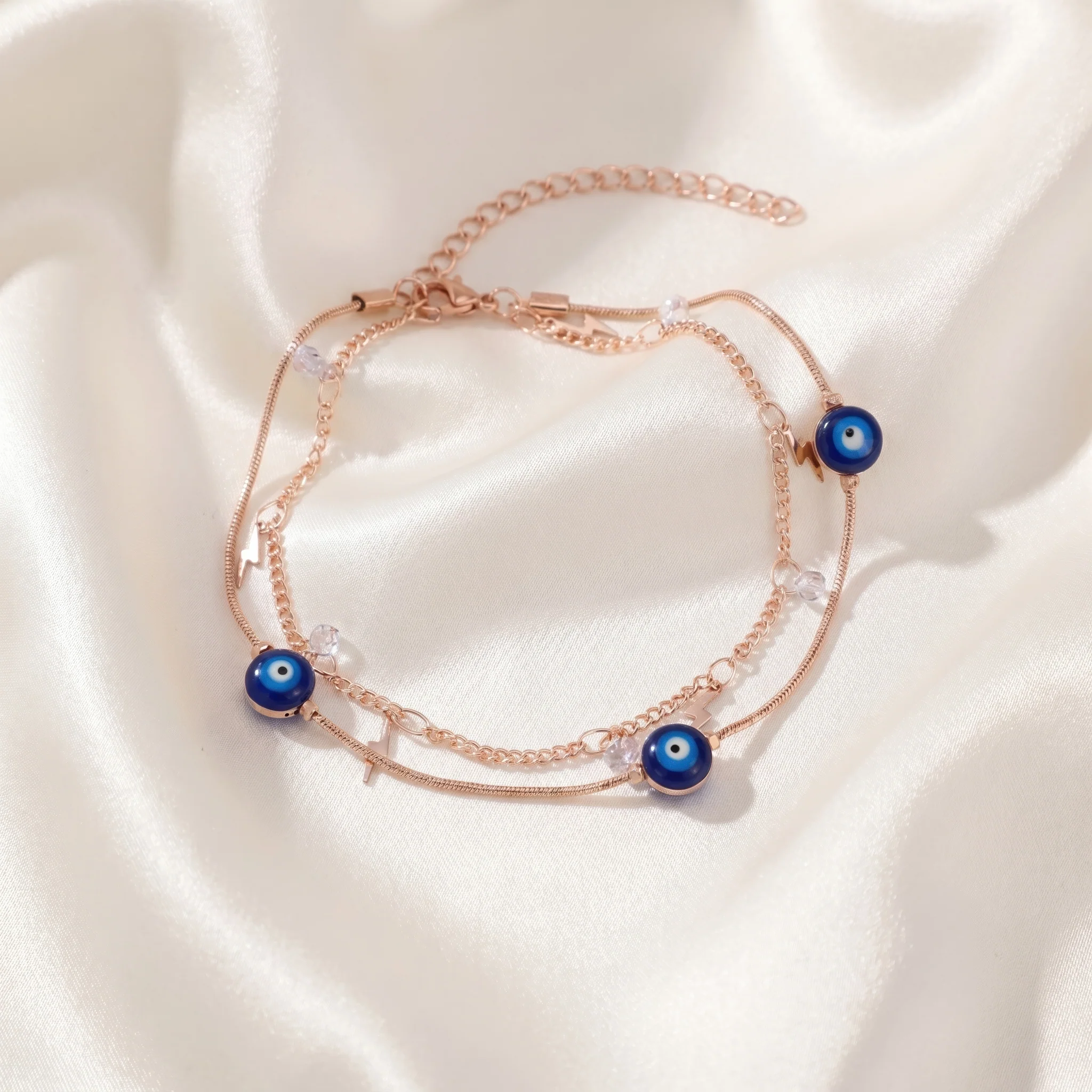 PRAO Anklet Anti-Tarnish Double-Layered With Evil Eye Beads, Lightning Bolt And Crystal Charms - Image 5