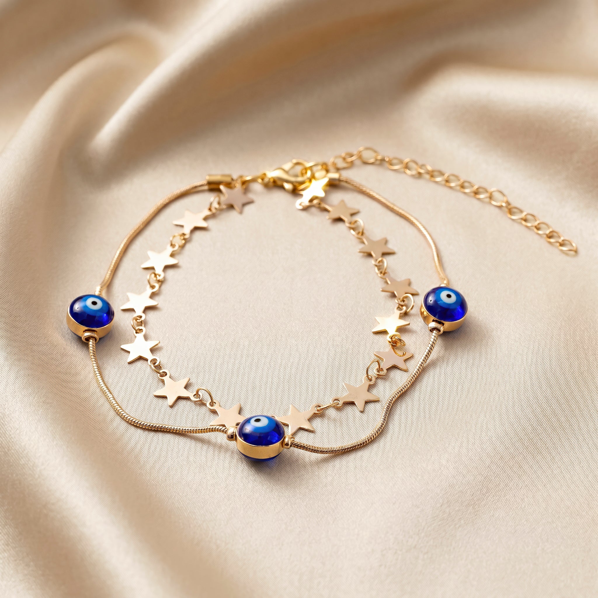 PRAO Anklet Anti-Tarnish Snake Chain With Star Charms And Blue Evil Eye Beads - Image 4