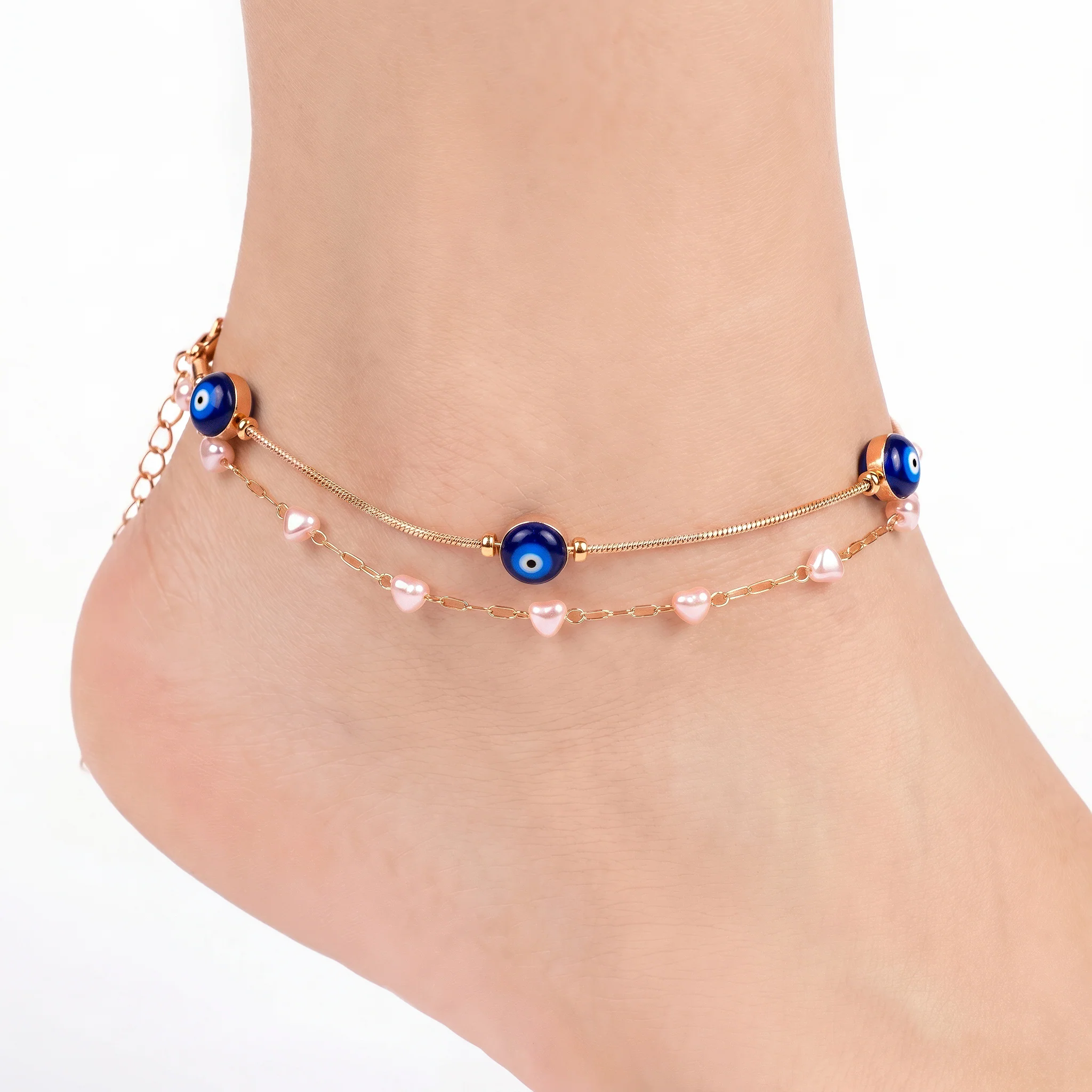 PRAO Anklet Anti-Tarnish Layered With Blue Evil Eye Charms And Heart Accents - Image 3