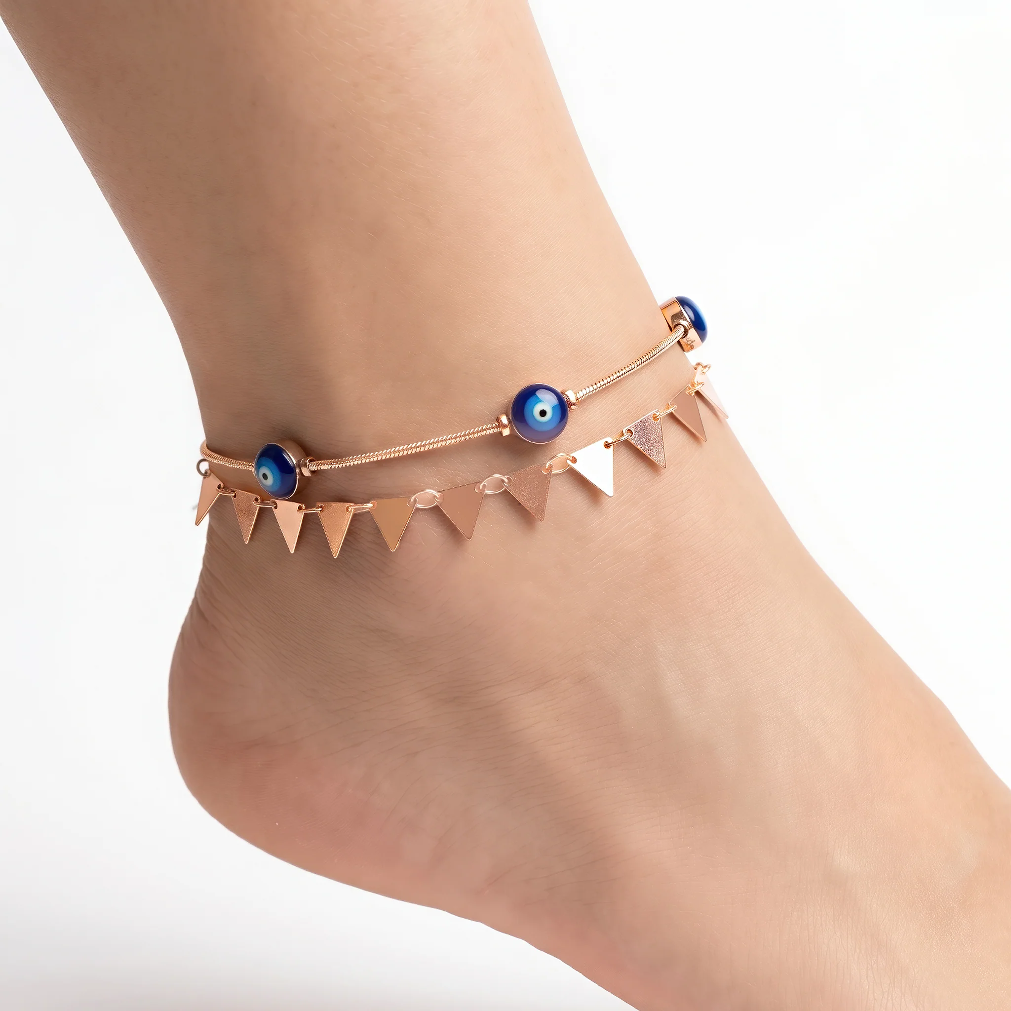 PRAO Anklet Anti-Tarnish Triangular Charms And Dark Blue Evil Eye Beads - Image 4