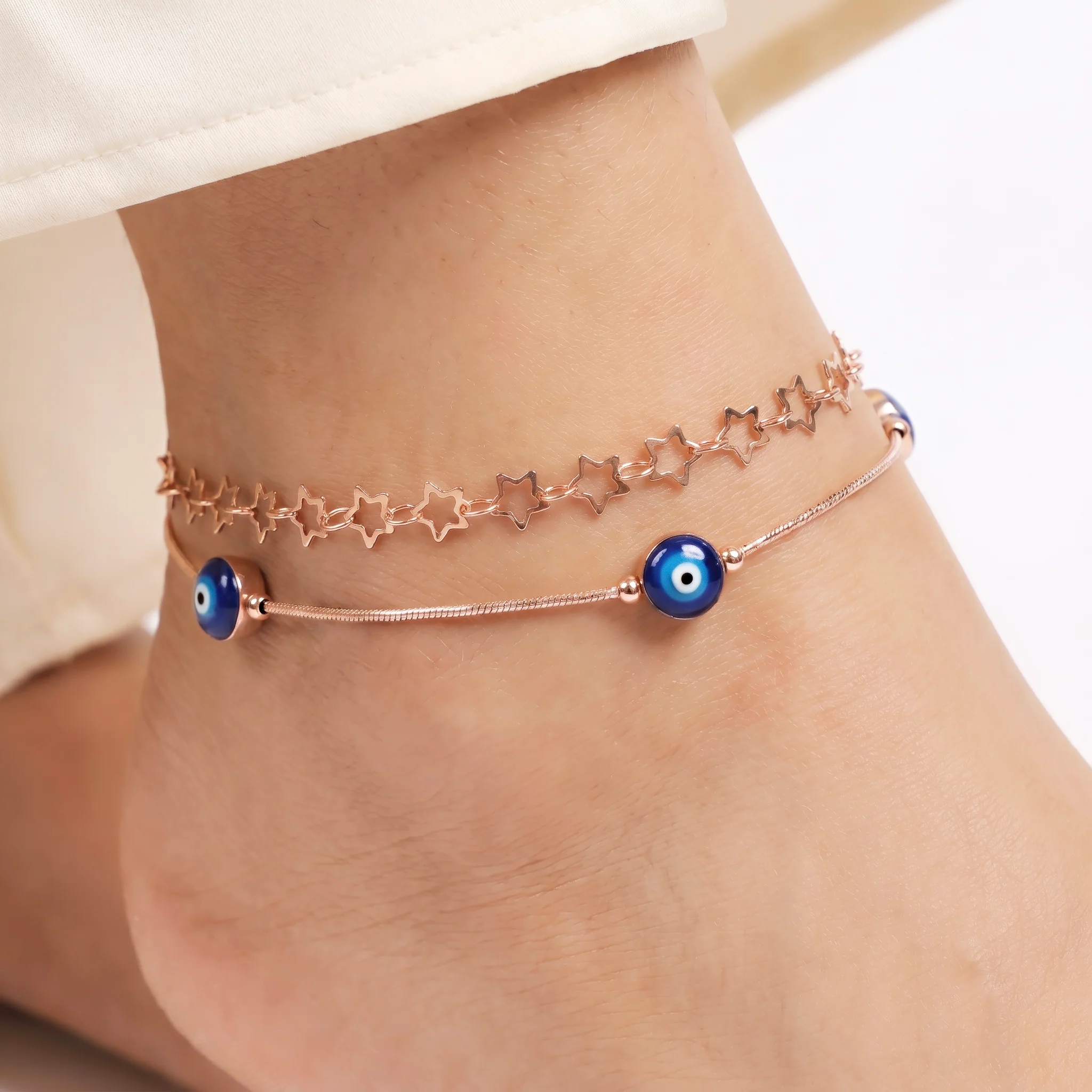 PRAO Anklet Anti-Tarnish Star Chain With Blue Evil Eye Beads - Image 2