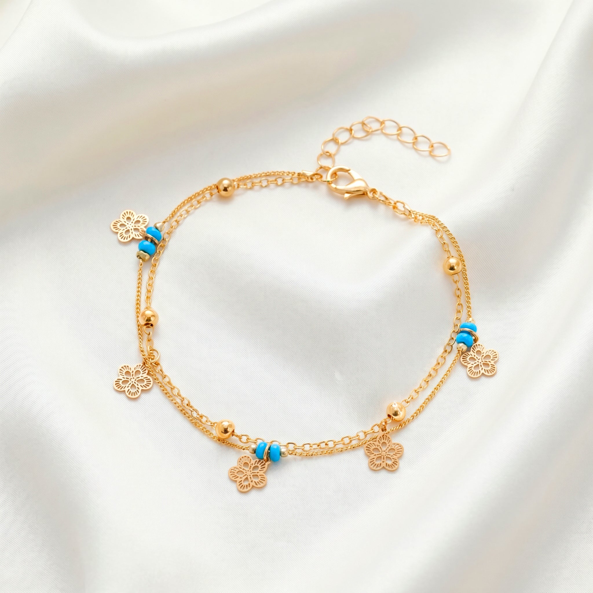 PRAO Anklet Anti-Tarnish Elegant Double-Layered With Turquoise Beads And Floral Charms - Image 4