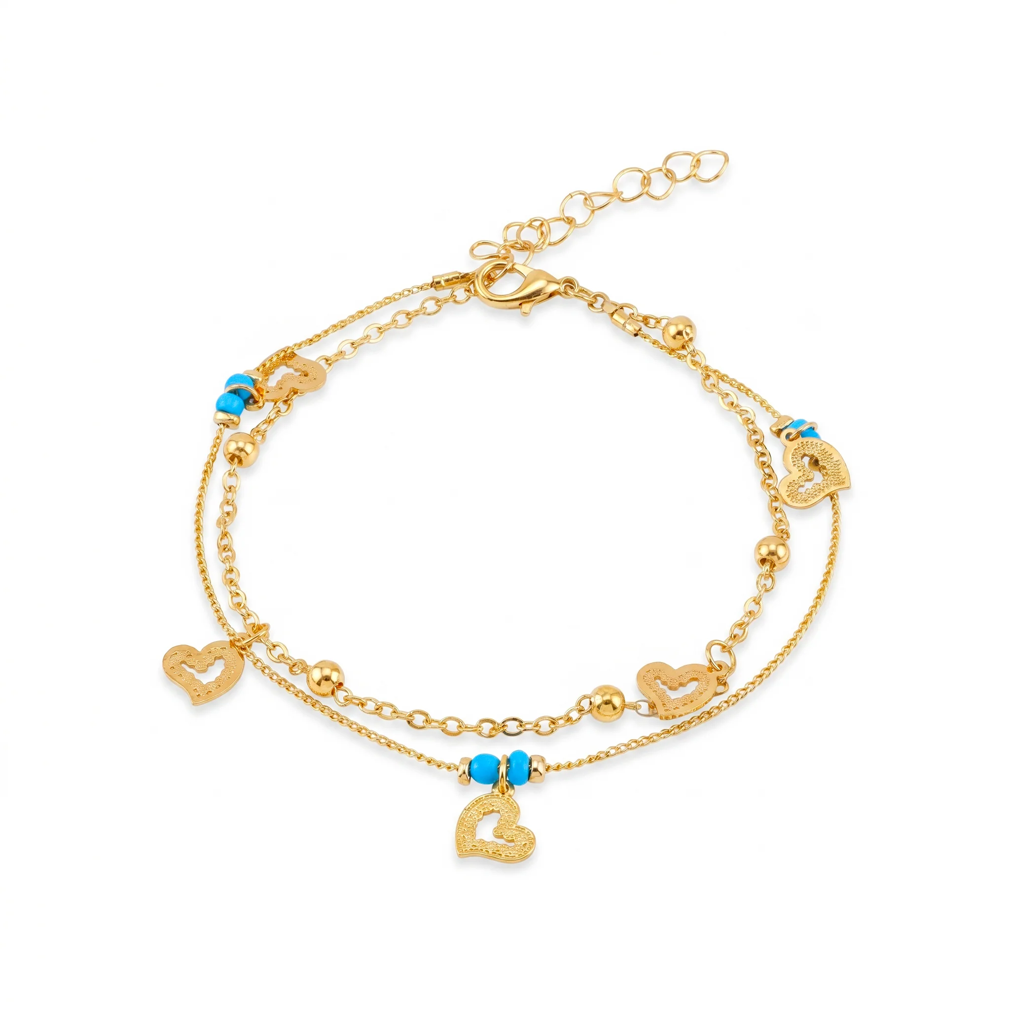 PRAO Anklet Anti-Tarnish Multi-Strand With Heart Charms And Turquoise Beads - Image 3