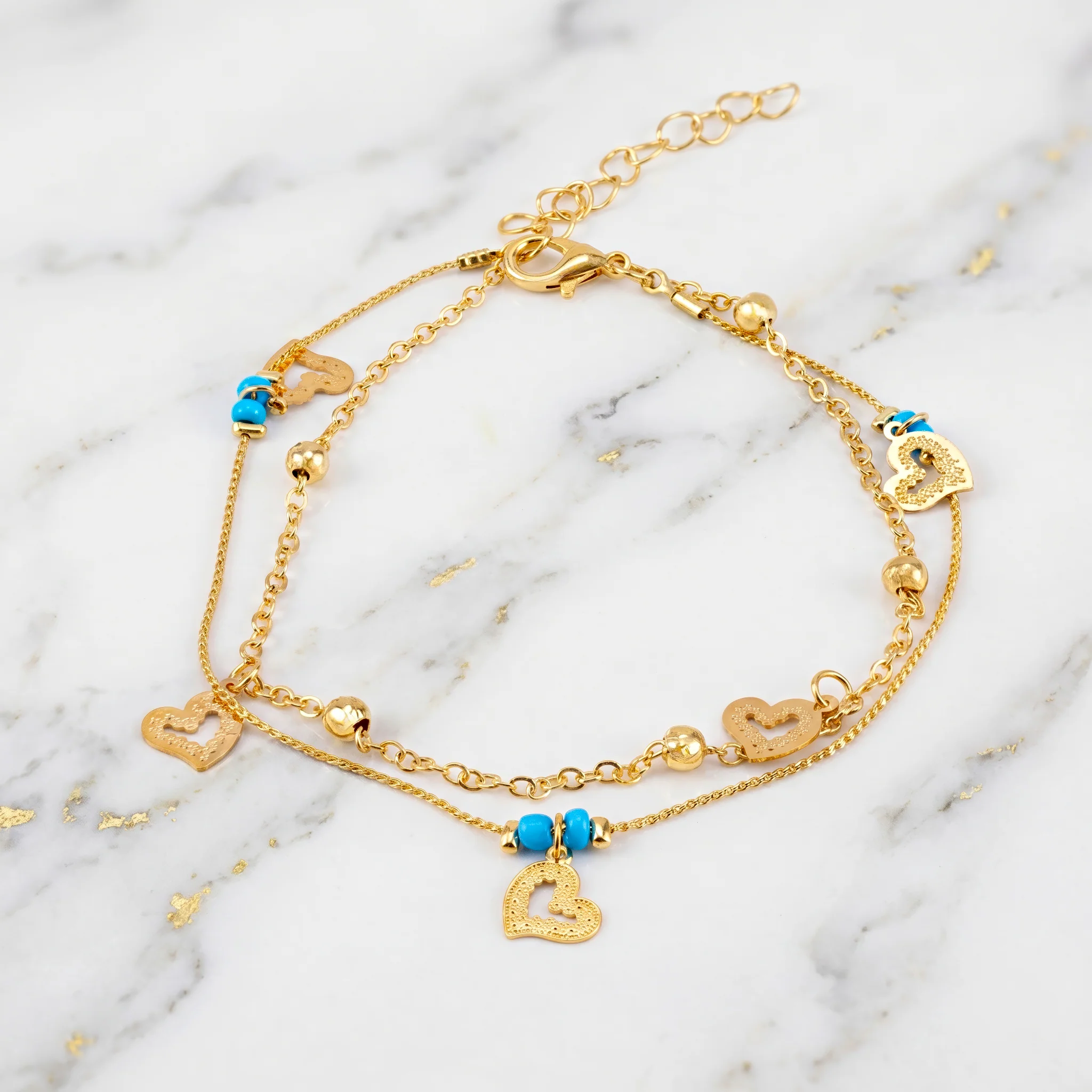 PRAO Anklet Anti-Tarnish Multi-Strand With Heart Charms And Turquoise Beads - Image 4