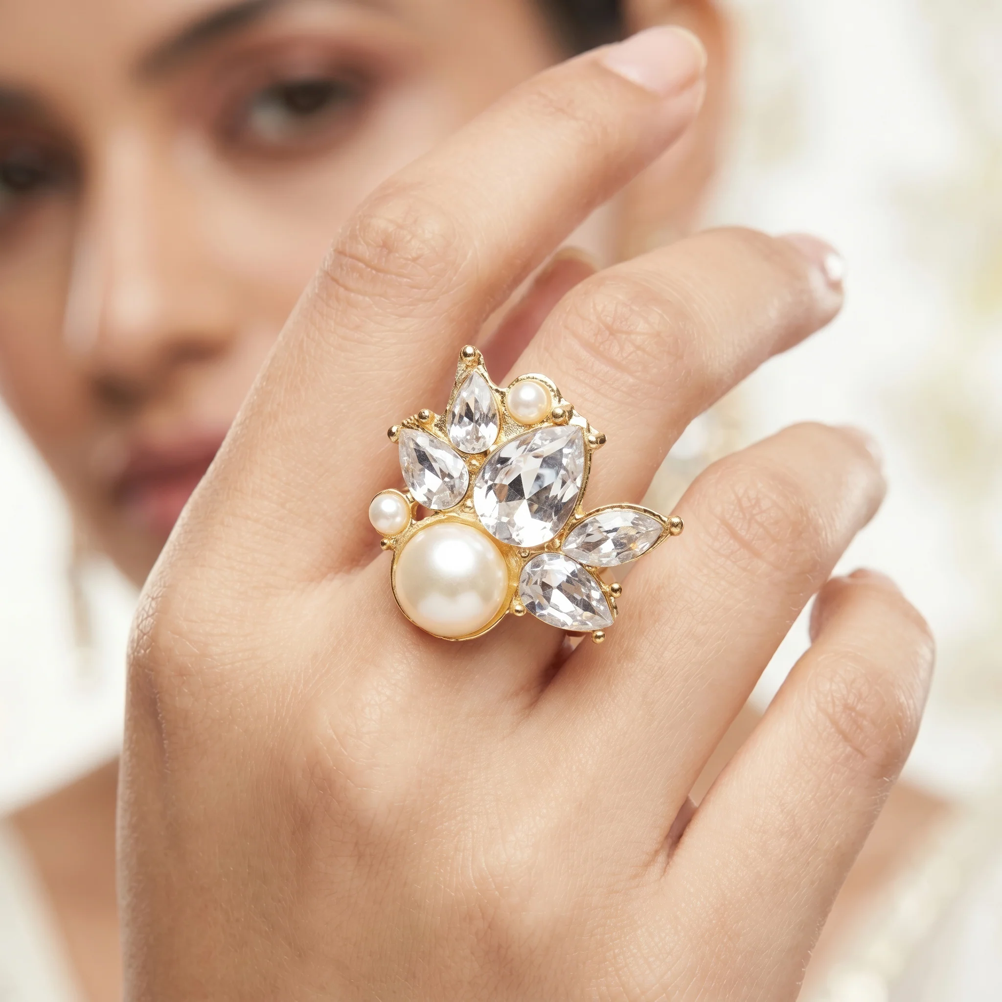 PRAO Ring Anti-Tarnish Vintage Cluster With Pearls And Crystals (Adjustable Size) - Image 2