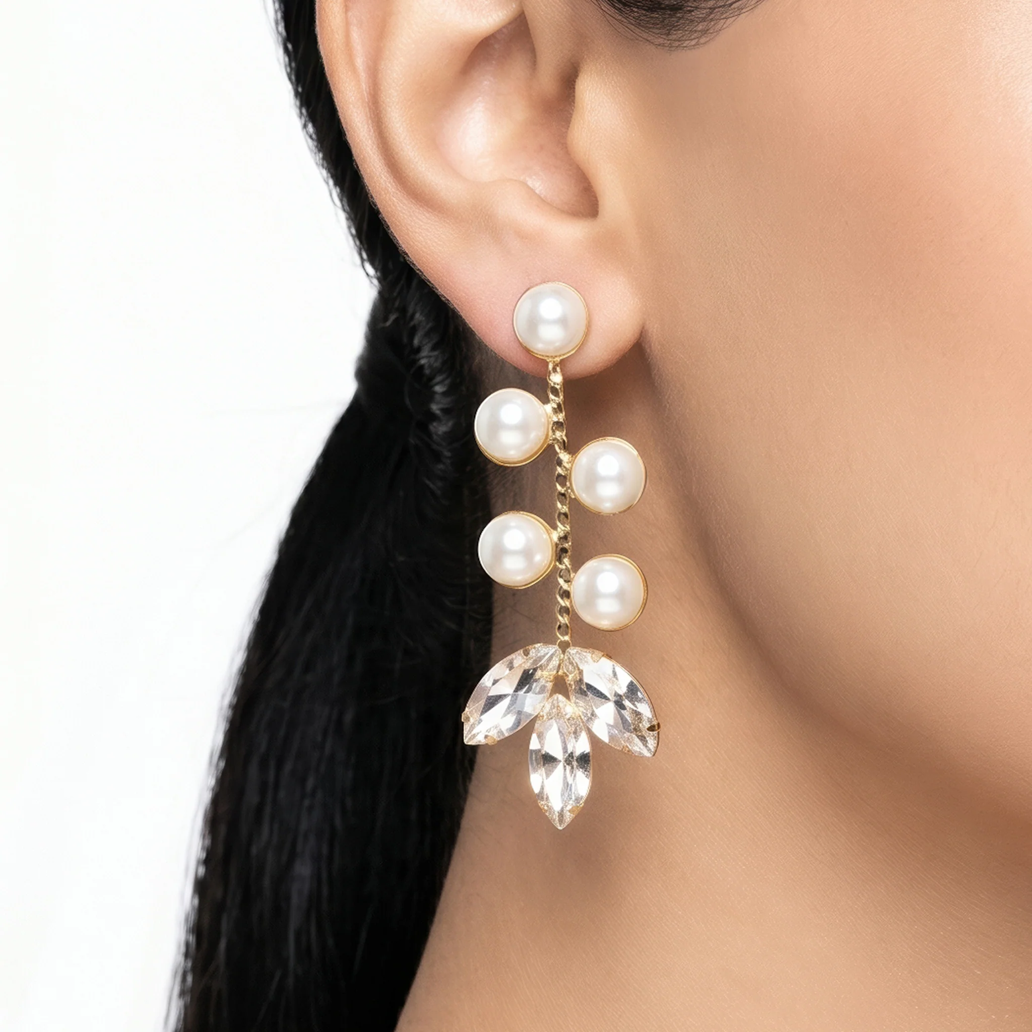 PRAO Earrings Anti-Tarnish Drop With Pearl Clusters And Crystal Accents