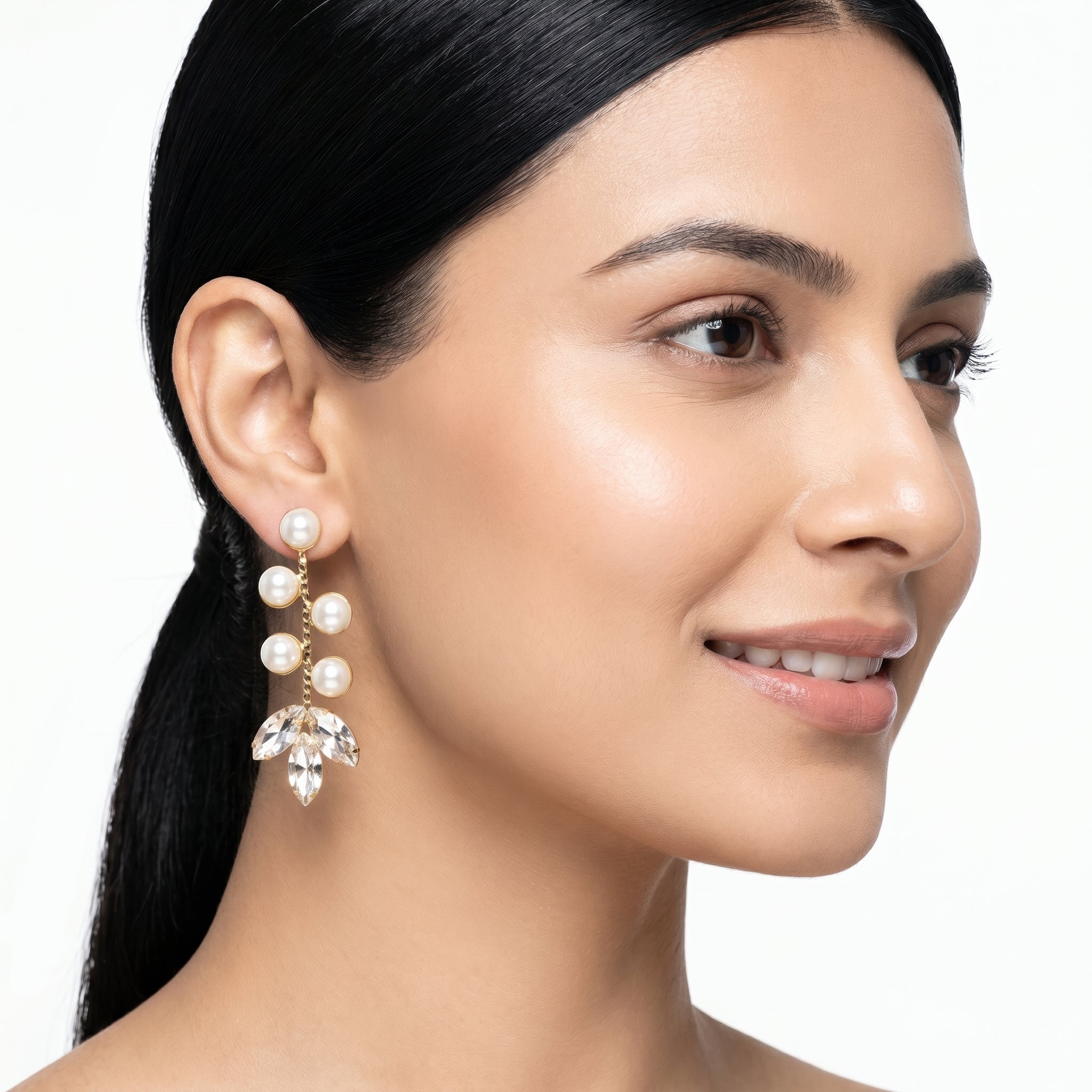 PRAO Earrings Anti-Tarnish Drop With Pearl Clusters And Crystal Accents - Image 2