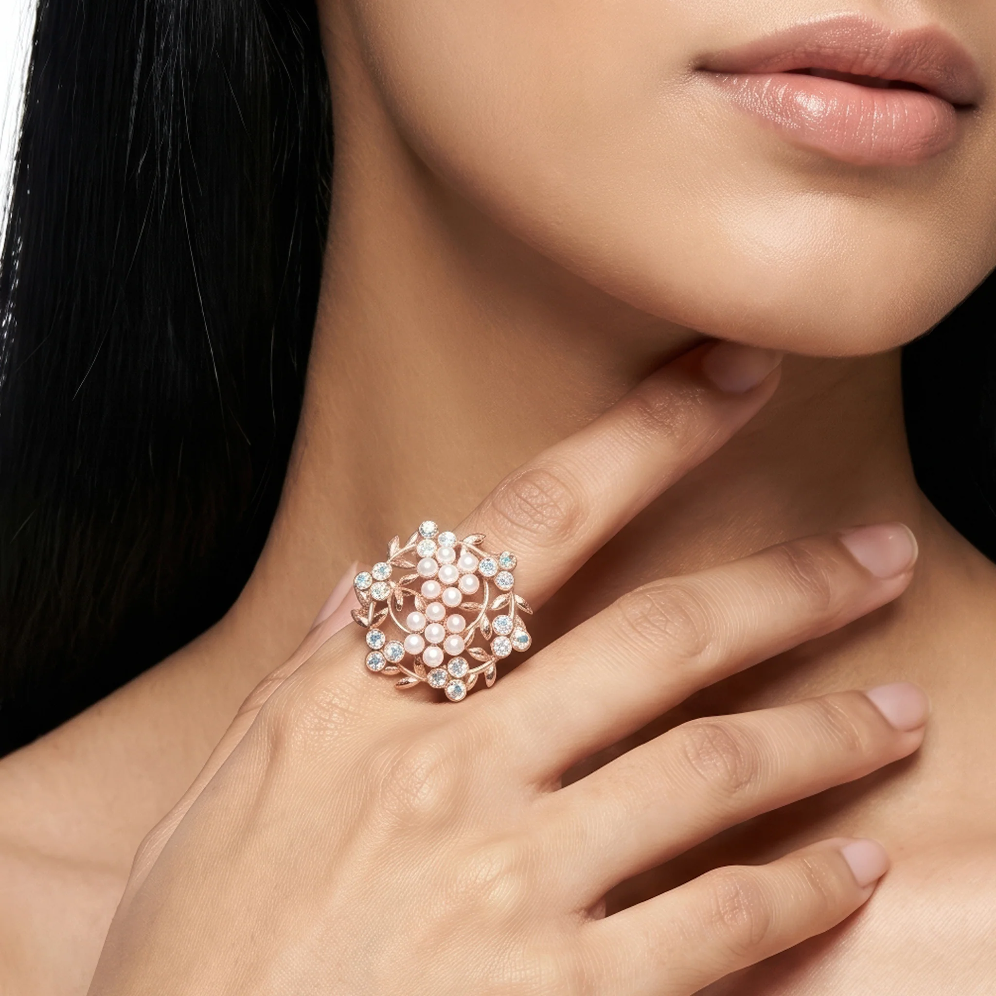 PRAO Ring Anti-Tarnish Rose Floral With Pearls And Iridescent Crystals (Adjustable Size)