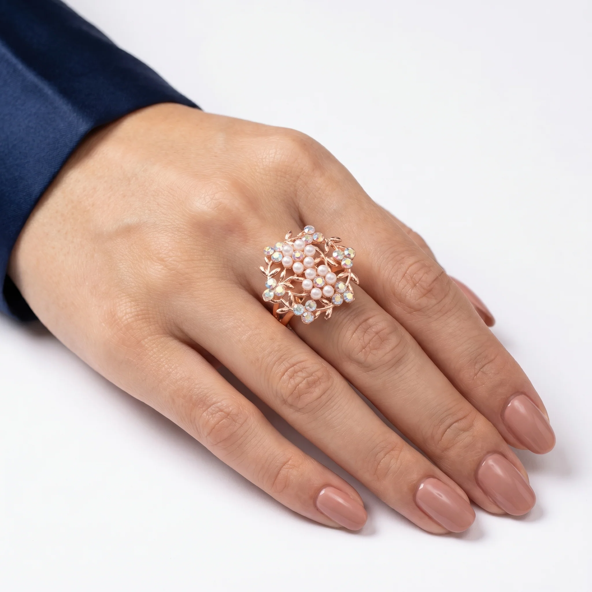 PRAO Ring Anti-Tarnish Rose Floral With Pearls And Iridescent Crystals (Adjustable Size) - Image 2
