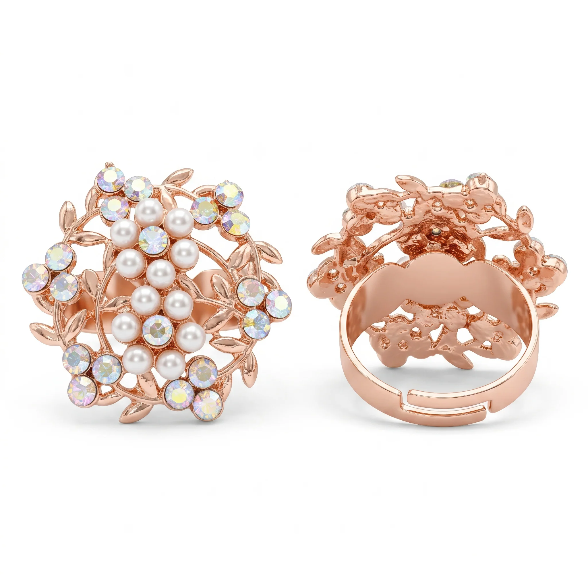 PRAO Ring Anti-Tarnish Rose Floral With Pearls And Iridescent Crystals (Adjustable Size) - Image 5