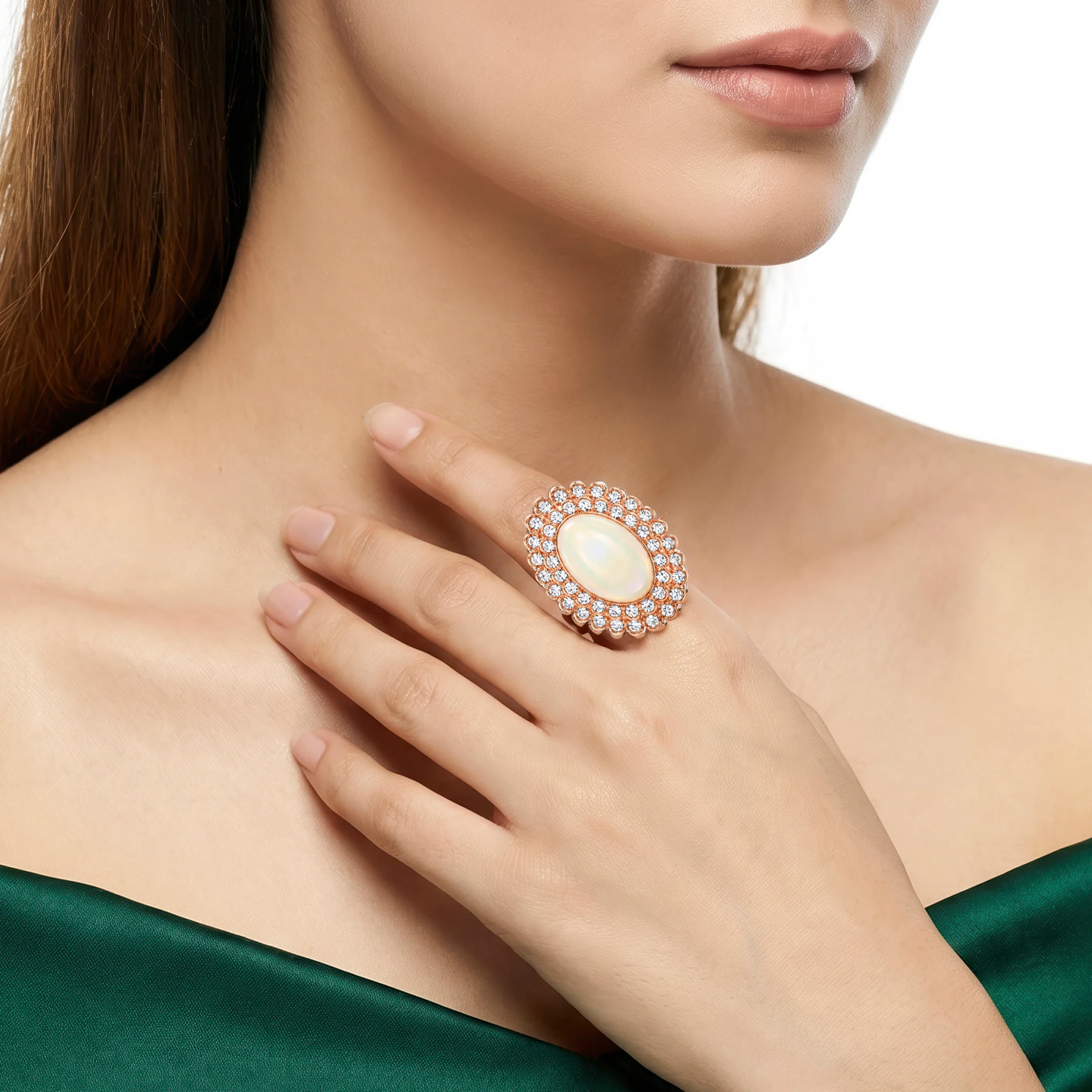 PRAO Ring Anti-Tarnish Statement Cocktail With Opal-Like Center Stone And Rhinestones (Adjustable Size) - Image 2