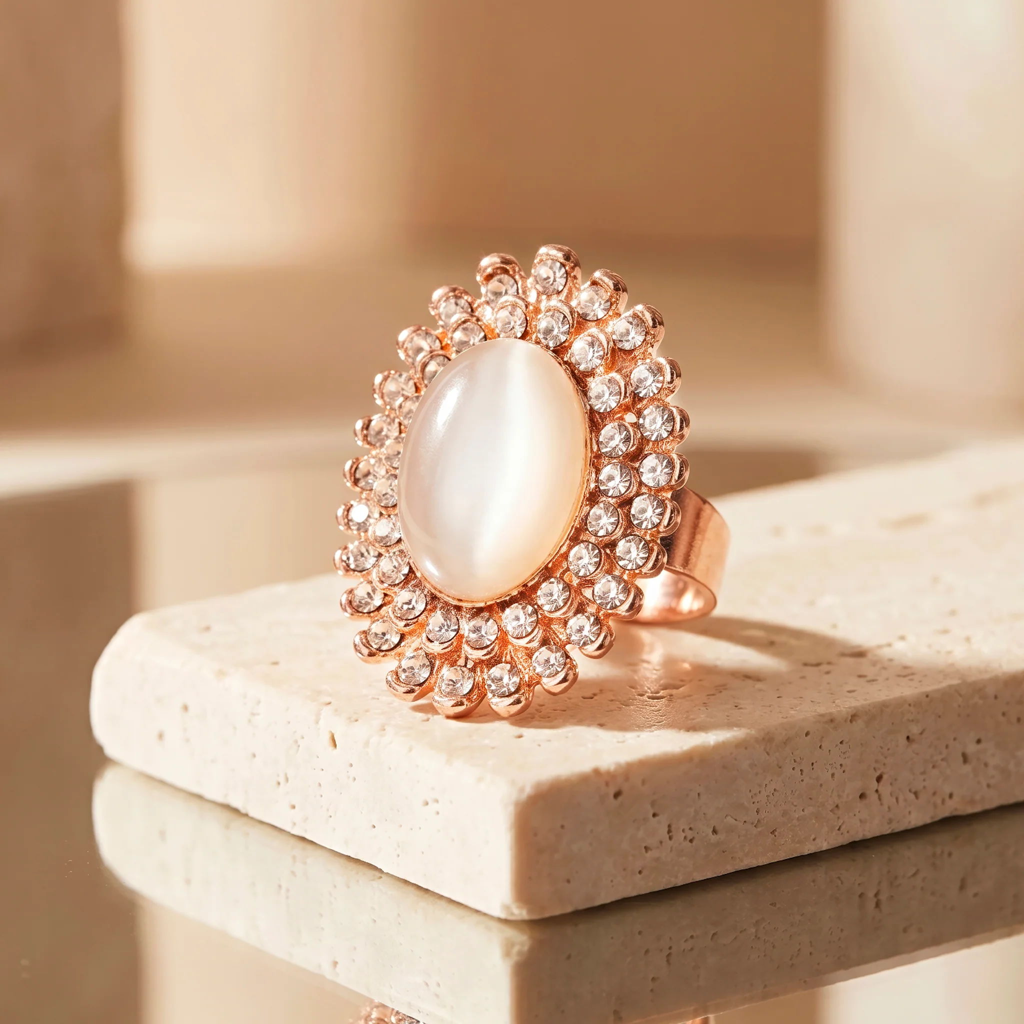 PRAO Ring Anti-Tarnish Statement Cocktail With Opal-Like Center Stone And Rhinestones (Adjustable Size) - Image 4