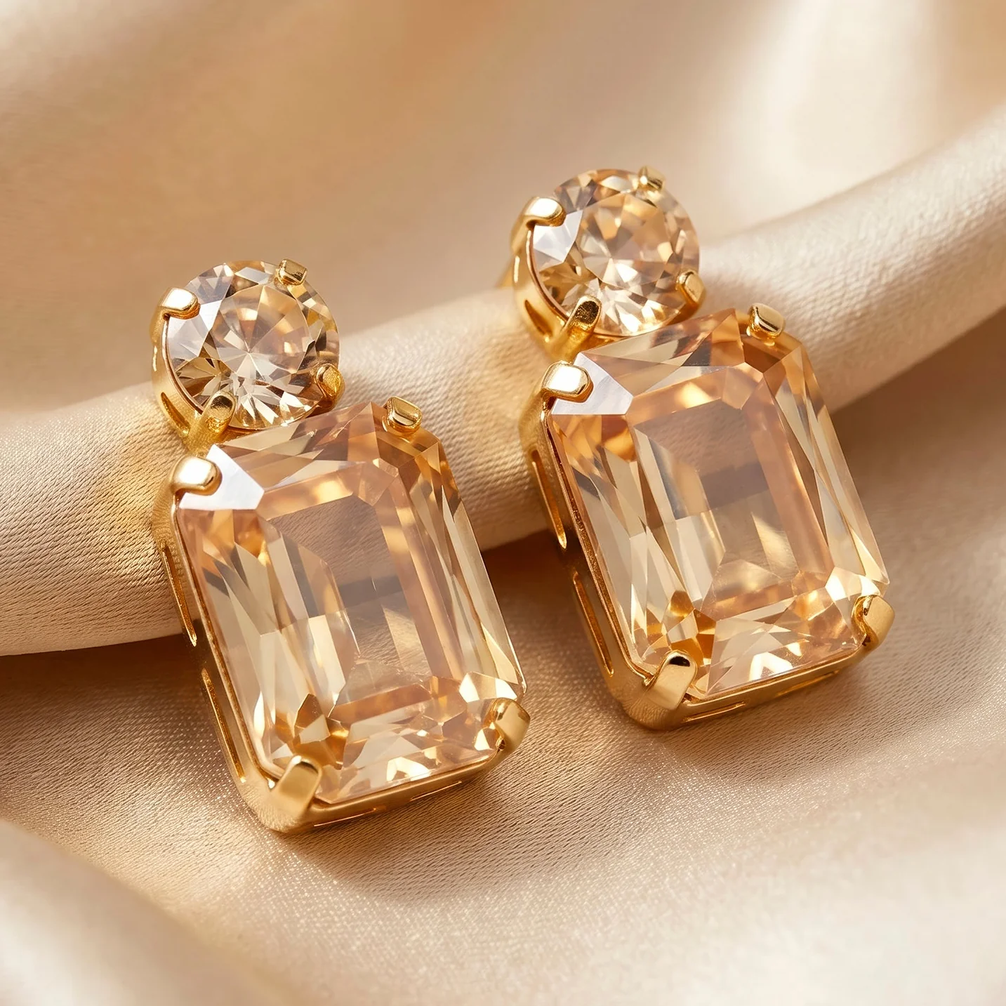 PRAO Earrings Anti-Tarnish Rectangular Champagne Gemstone