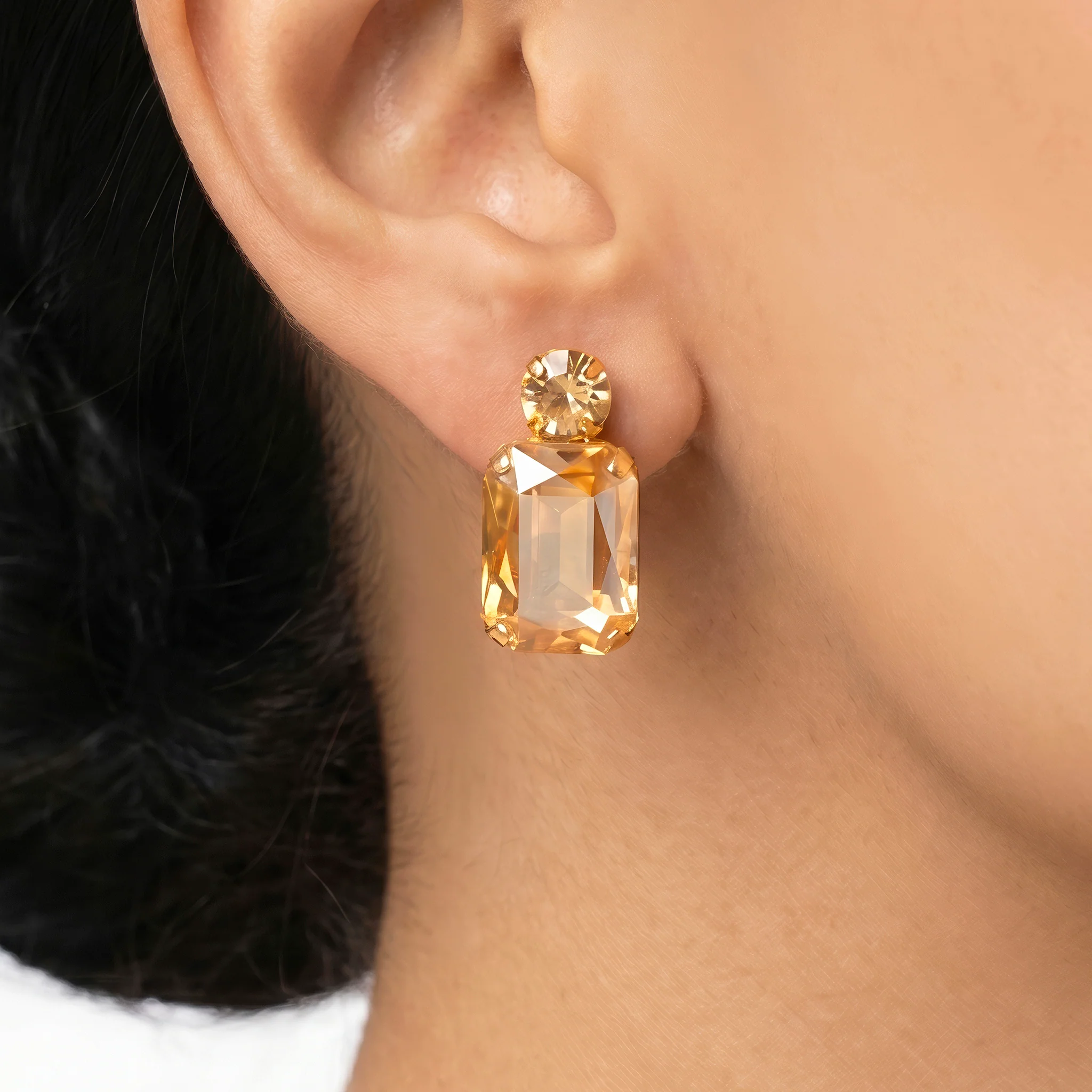 PRAO Earrings Anti-Tarnish Rectangular Champagne Gemstone - Image 2