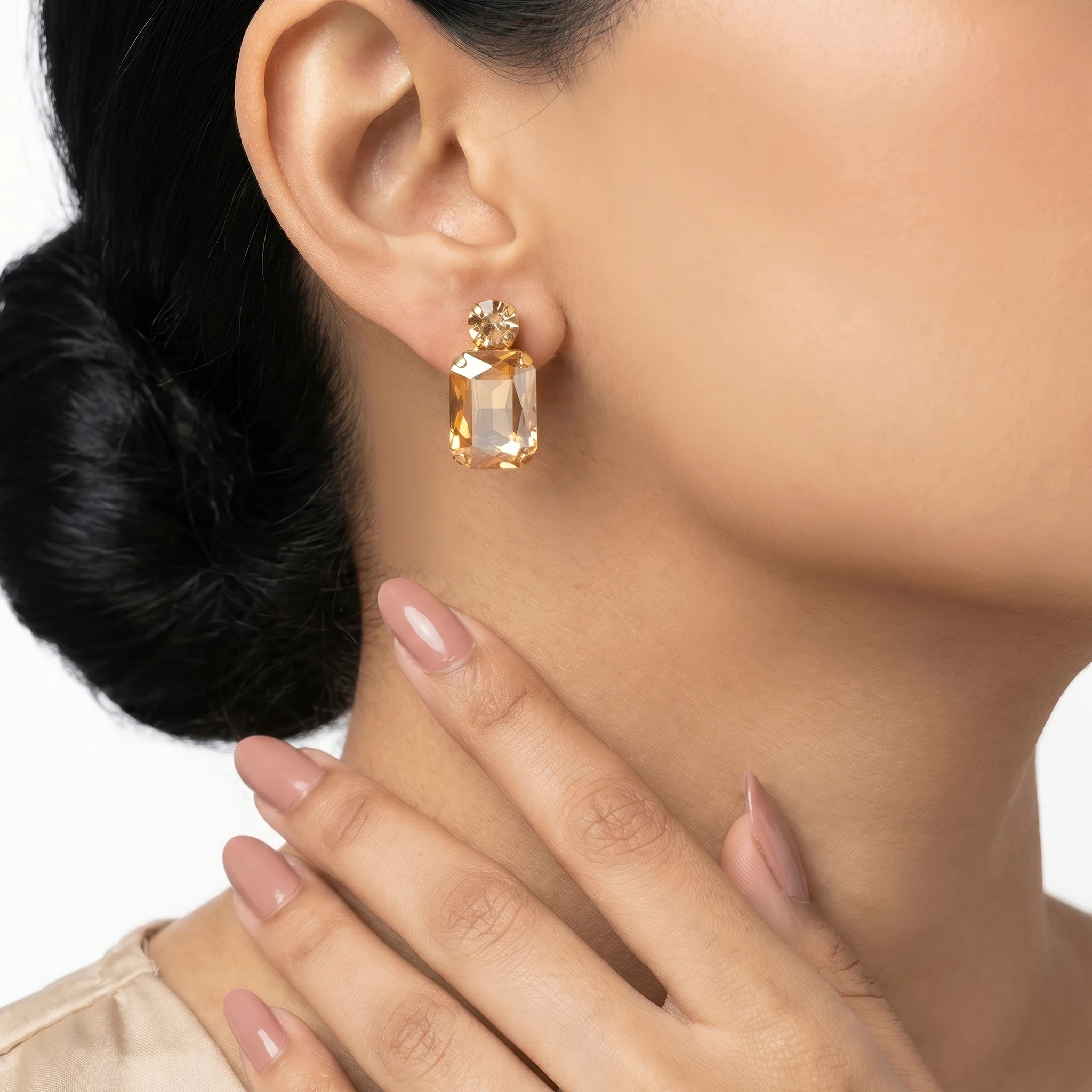 PRAO Earrings Anti-Tarnish Rectangular Champagne Gemstone - Image 4