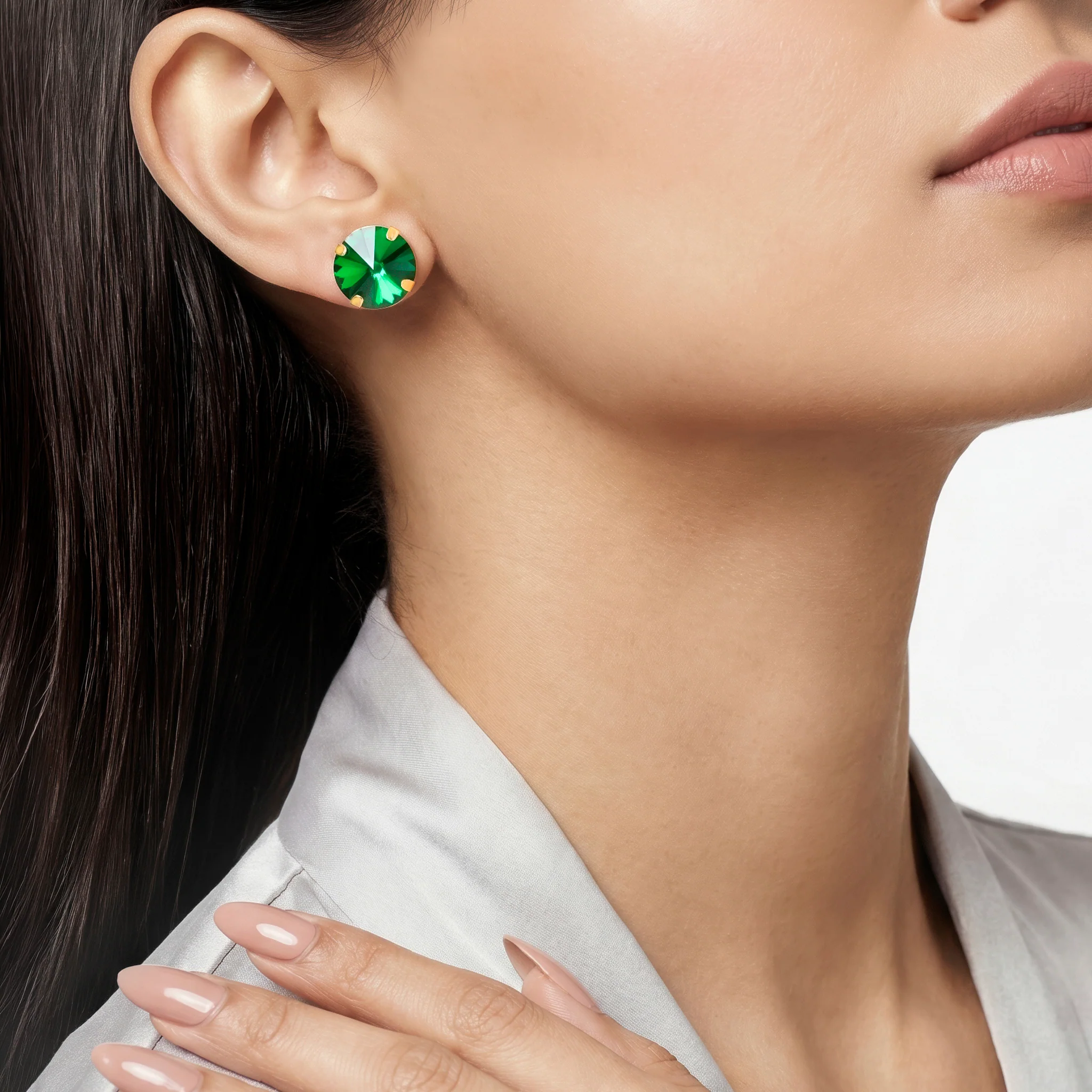 PRAO Earrings Anti-Tarnish Oversized Round Emerald Crystal Studs - Image 3