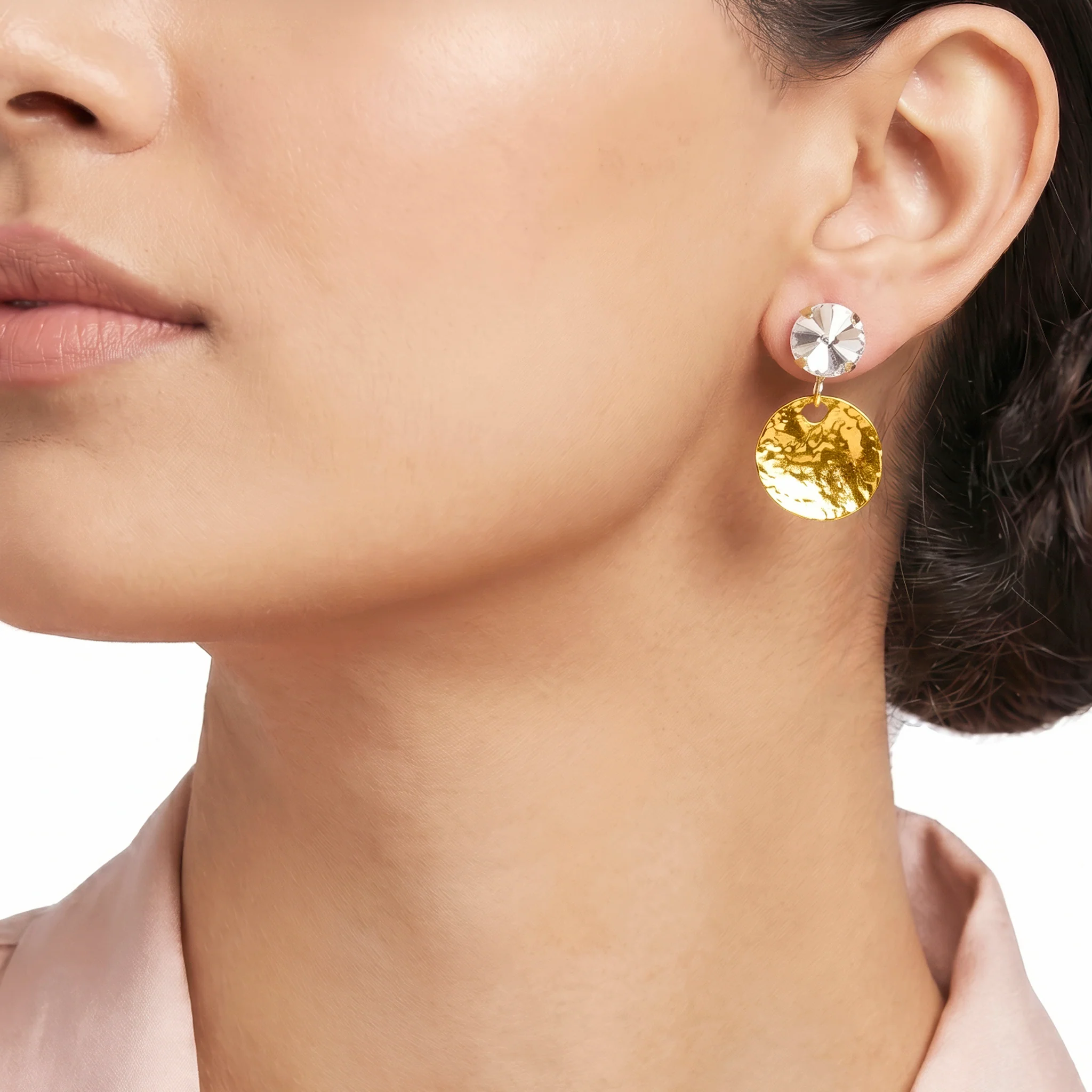 PRAO Earrings Anti-Tarnish Hammered Coin Danglers With White Crystal - Image 3
