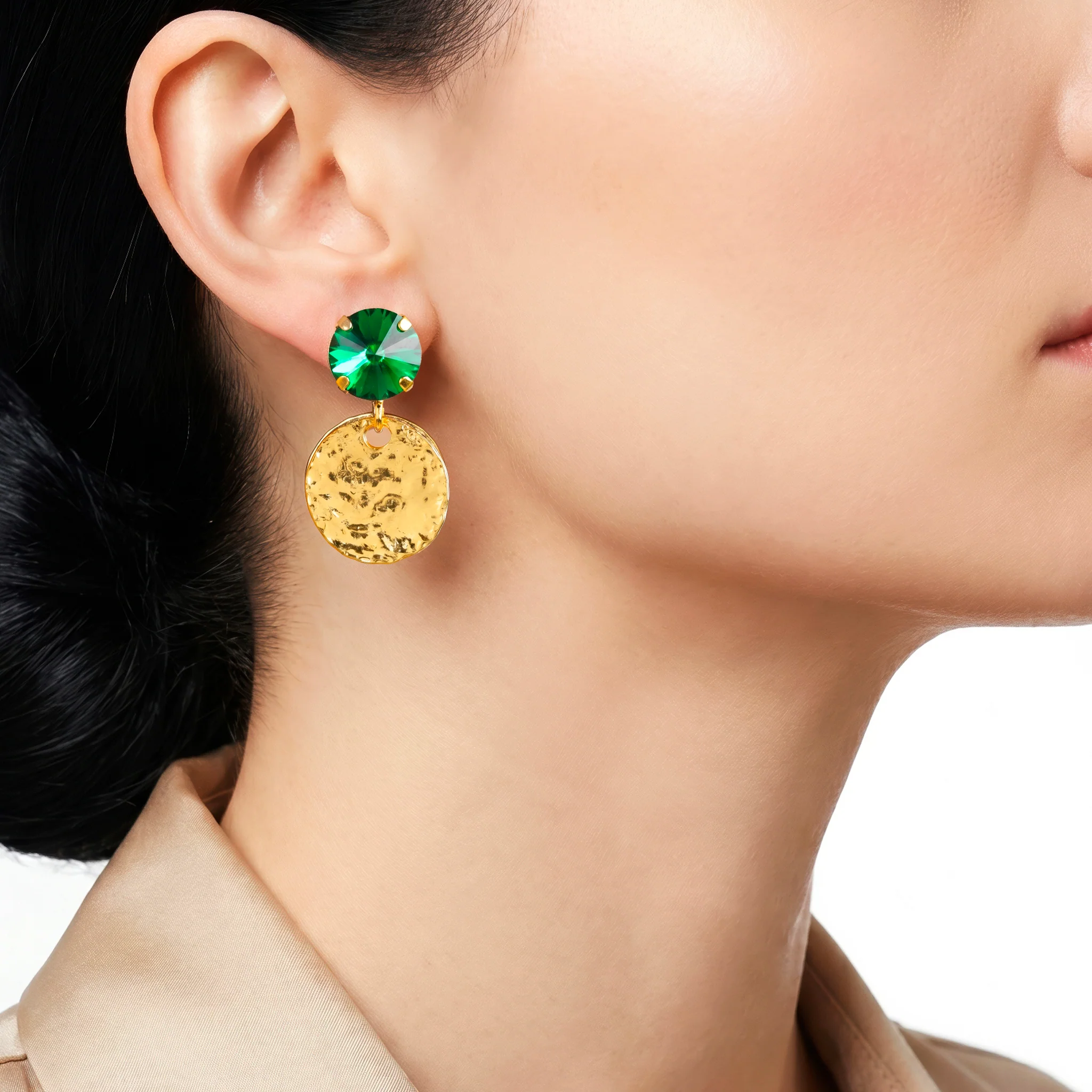 PRAO Earrings Anti-Tarnish Hammered Coin Dangles With Emerald Crystal - Image 2