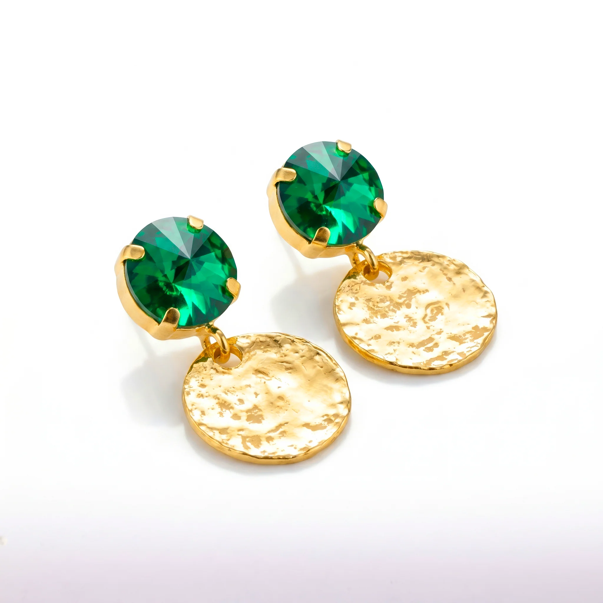 PRAO Earrings Anti-Tarnish Hammered Coin Dangles With Emerald Crystal - Image 3