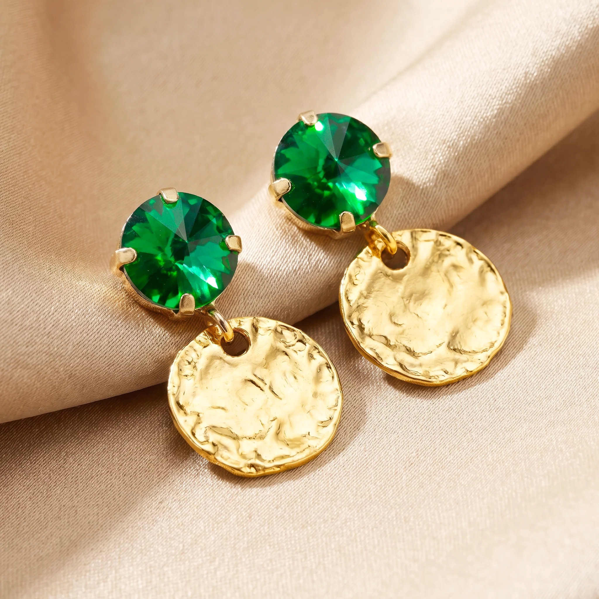 PRAO Earrings Anti-Tarnish Hammered Coin Dangles With Emerald Crystal - Image 4