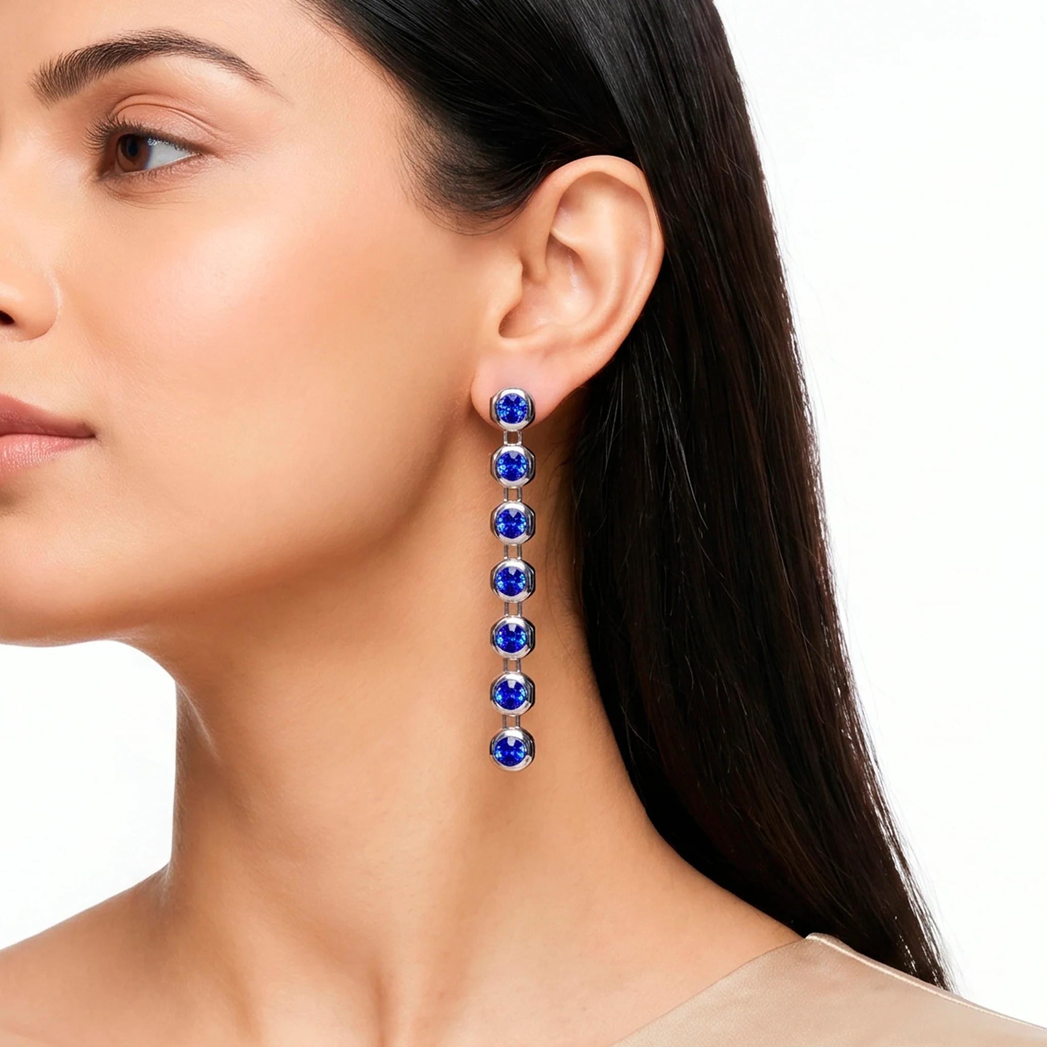 PRAO Earrings Anti-Tarnish Linear Drop With Blue Sapphire Crystals - Image 2