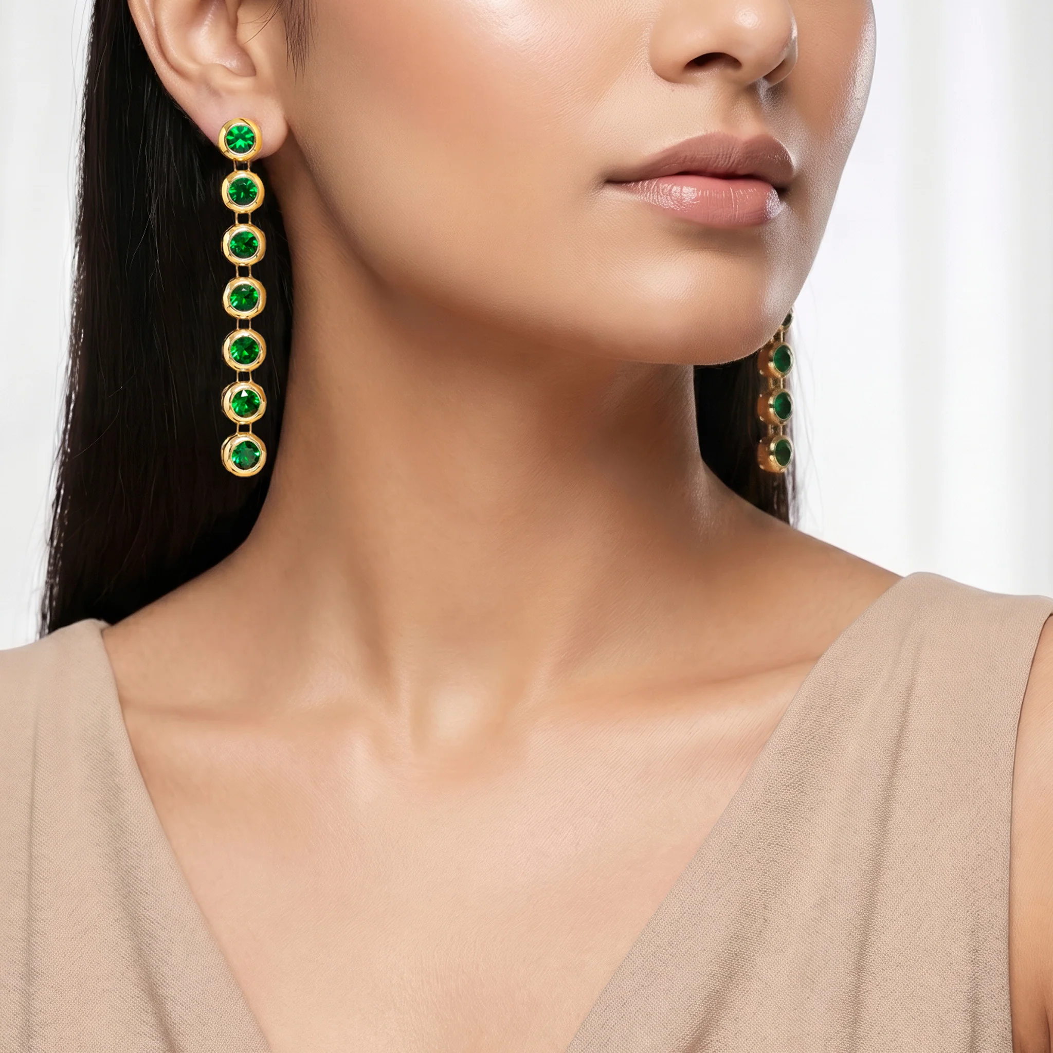 PRAO Earrings Anti-Tarnish Linear Drop With Emerald Crystals - Image 3