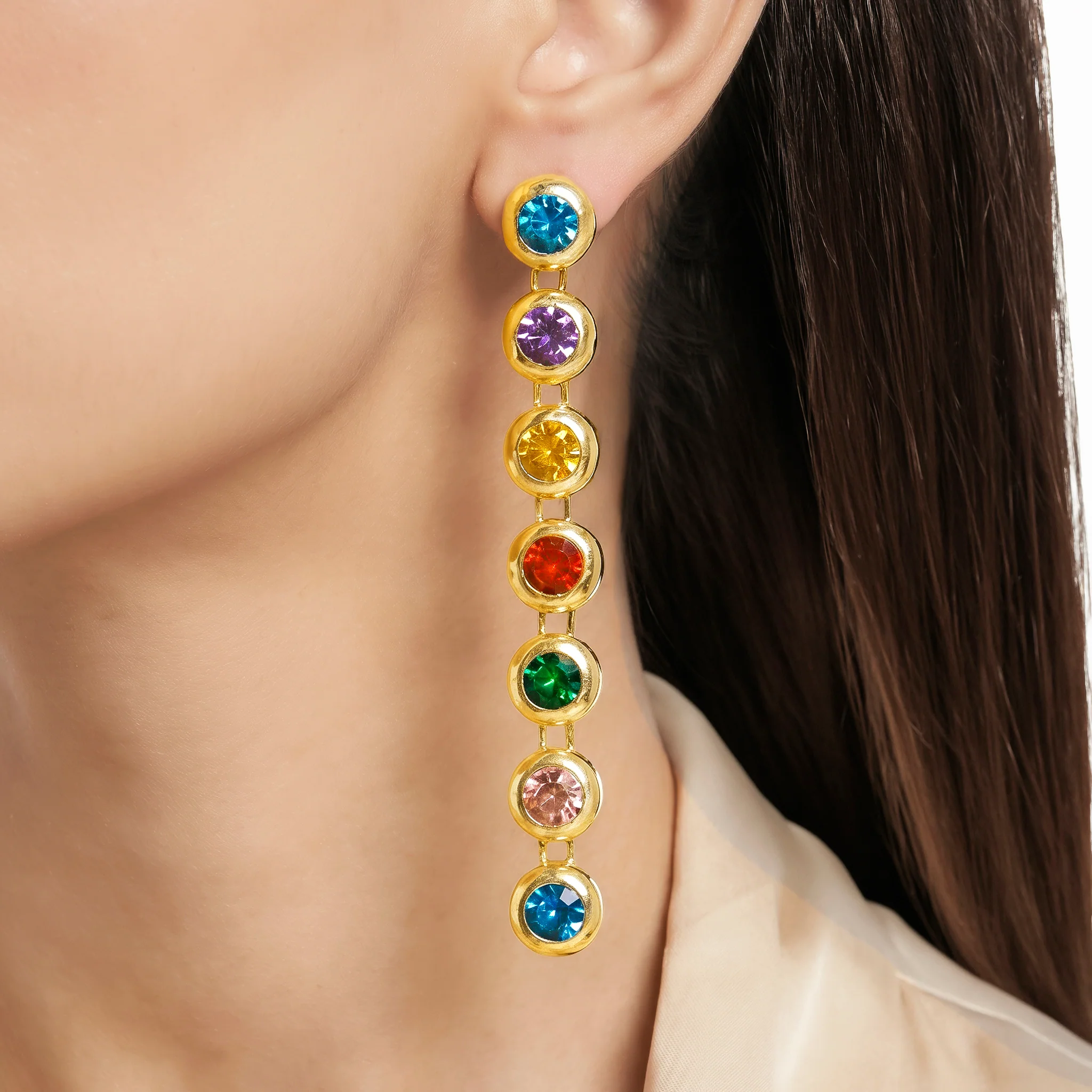 PRAO Earrings Anti-Tarnish Linear Drop With Multicolor Crystals - Image 3