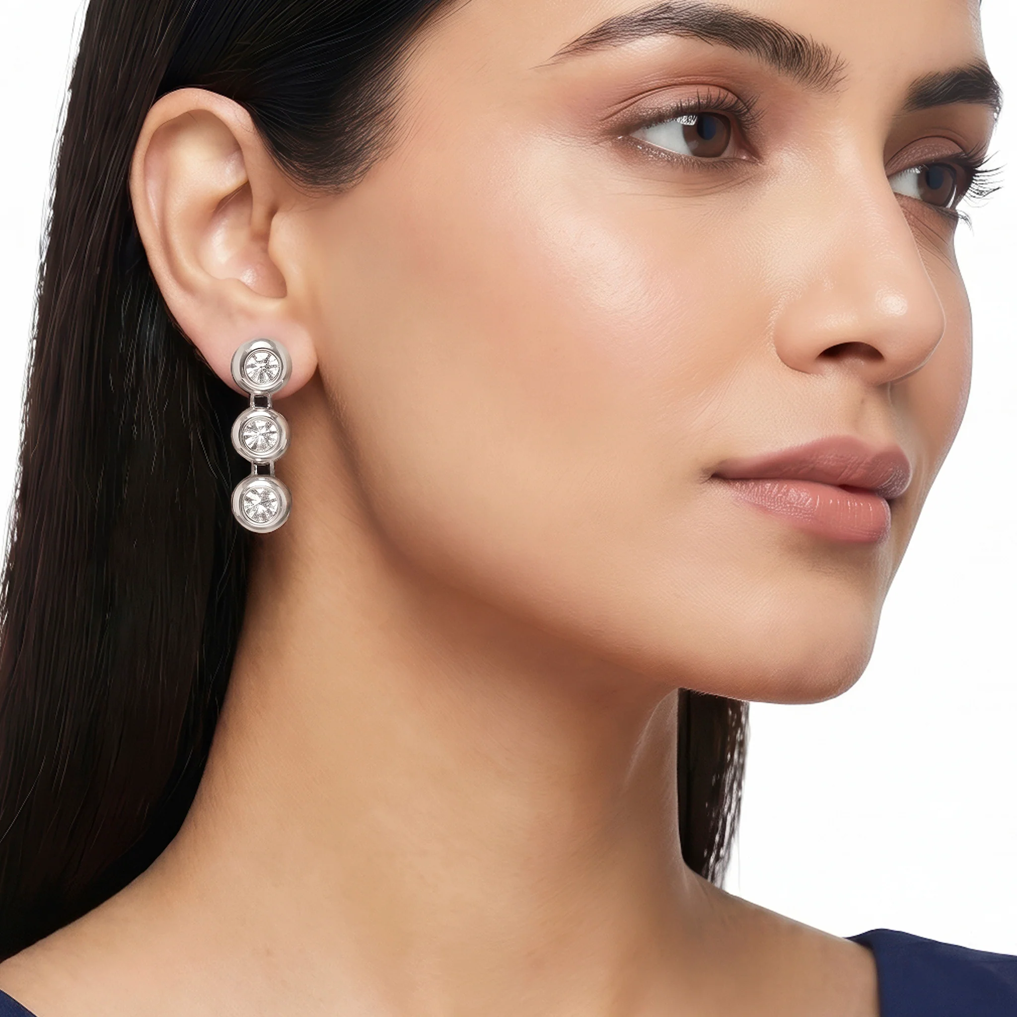 PRAO Earrings Anti-Tarnish Silver Triple-Drop Bezel-Set Crystals Drop - Image 3
