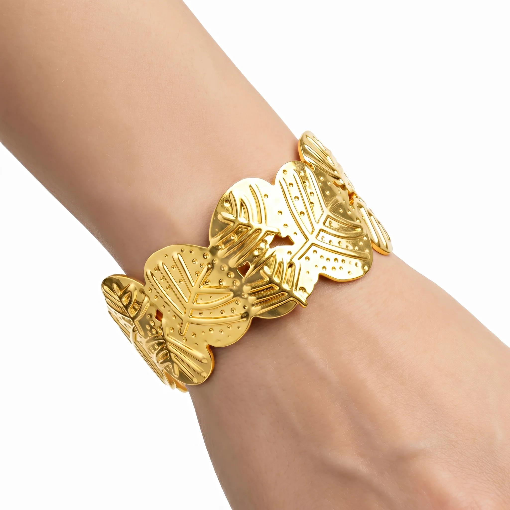 PRAO Bracelet Anti-Tarnish Monstera Leaf Filigree Open Cuff (Adjustable Size) - Image 3