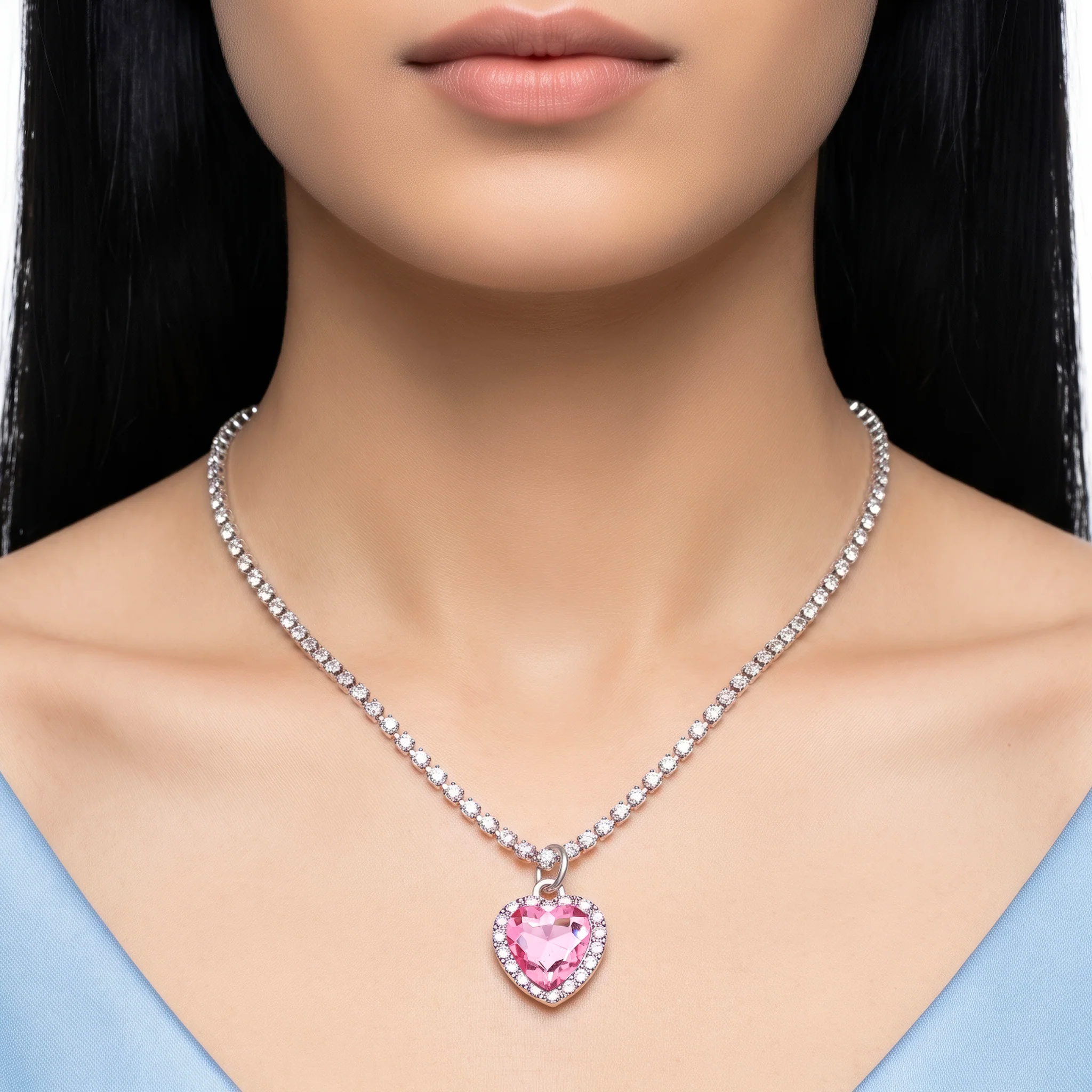 PRAO Necklace Anti-Tarnish Pink Heart Tennis Chain - Image 2