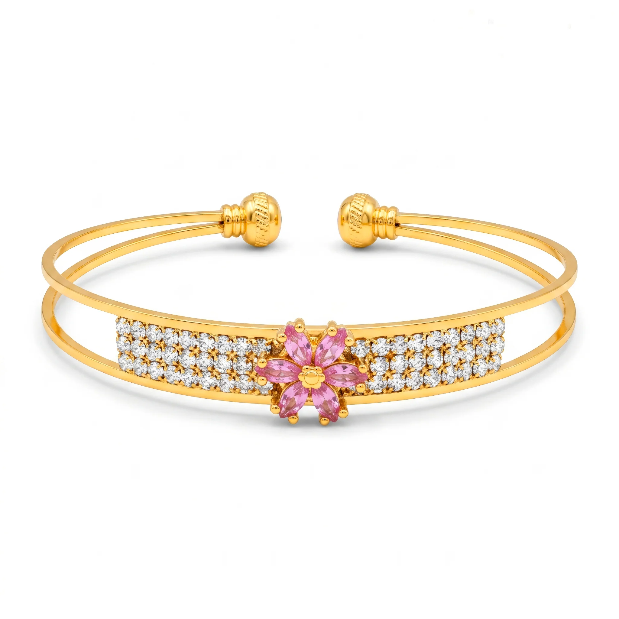 PRAO Bracelet Anti-Tarnish Floral Pink Crystal Bangle (Adjustable Size)