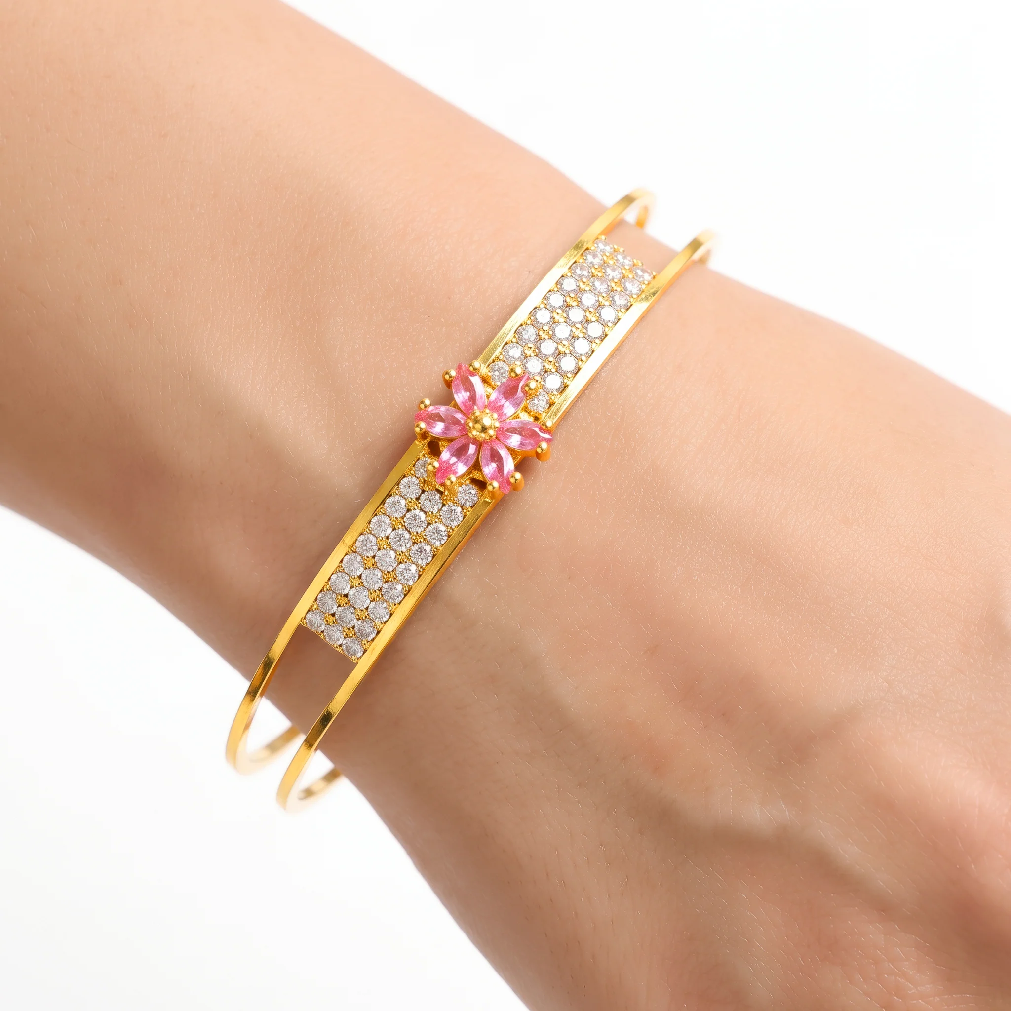PRAO Bracelet Anti-Tarnish Floral Pink Crystal Bangle (Adjustable Size) - Image 2