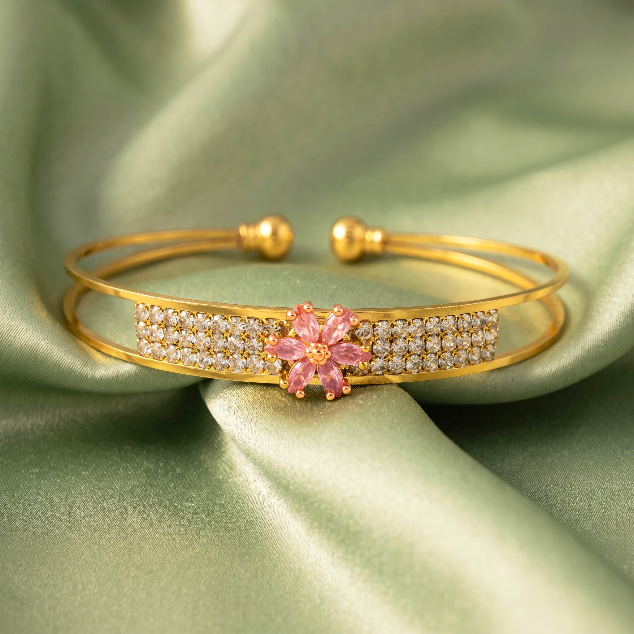PRAO Bracelet Anti-Tarnish Floral Pink Crystal Bangle (Adjustable Size) - Image 4