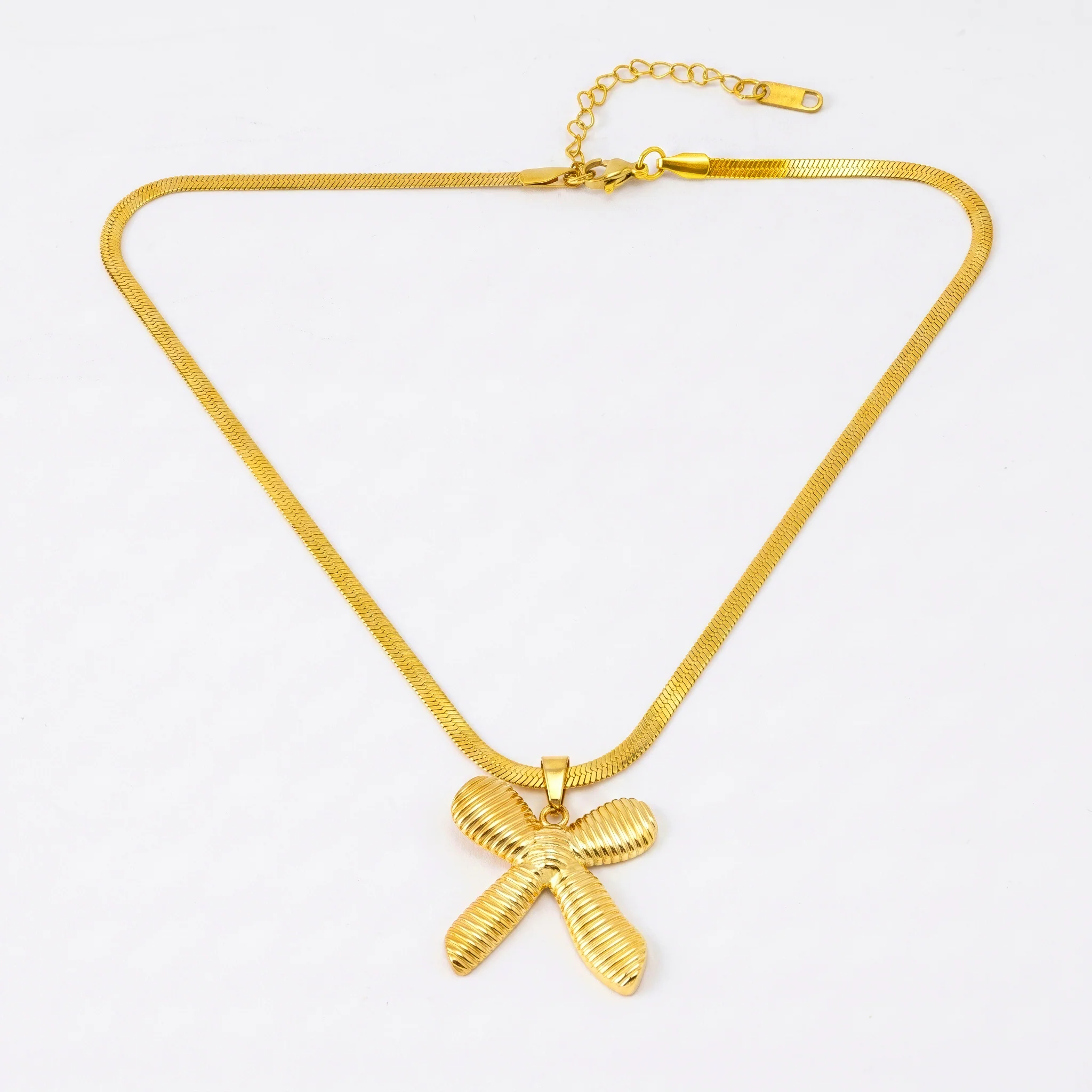 PRAO Necklace Anti-Tarnish Gold Plated Textured Bow Pendant Snake Chain - Image 3