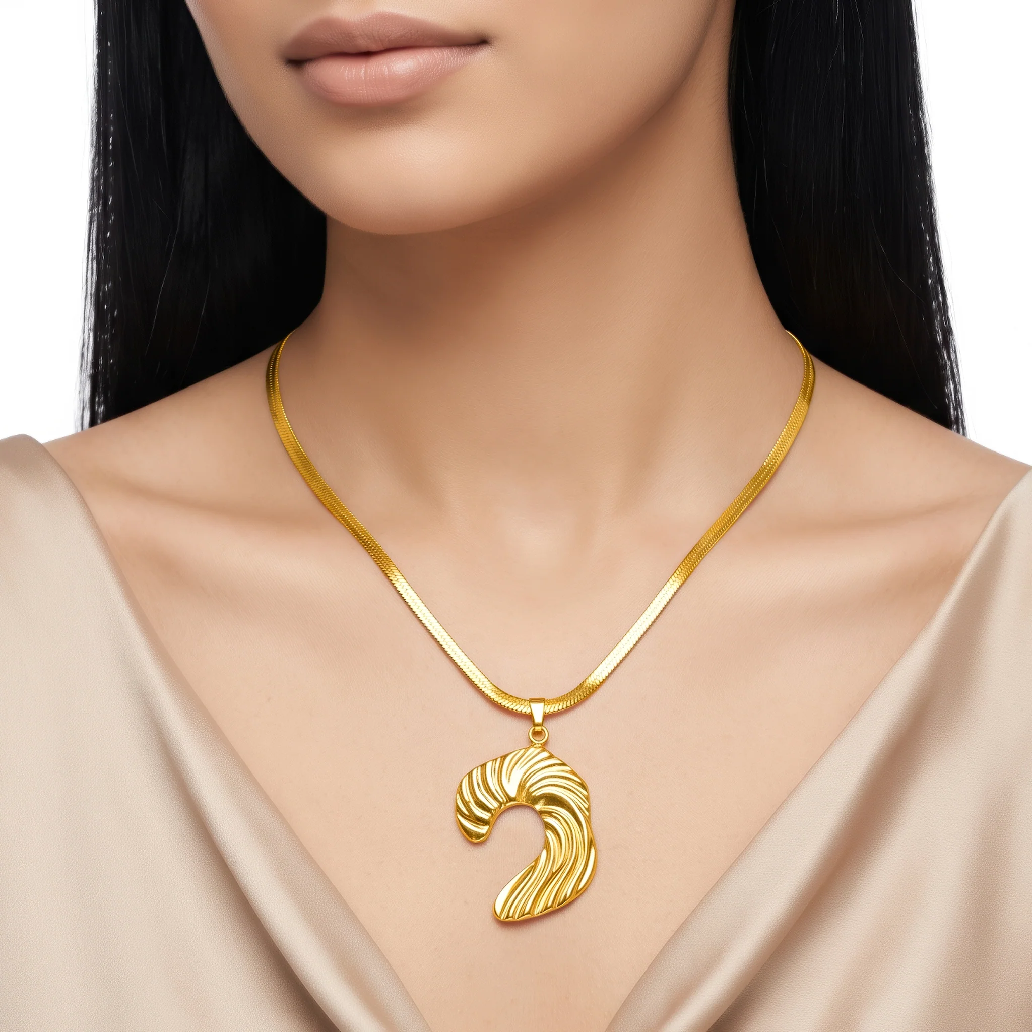 PRAO Necklace Anti-Tarnish Gold Plated Wave-Inspired Pendant Snake Chain - Image 3