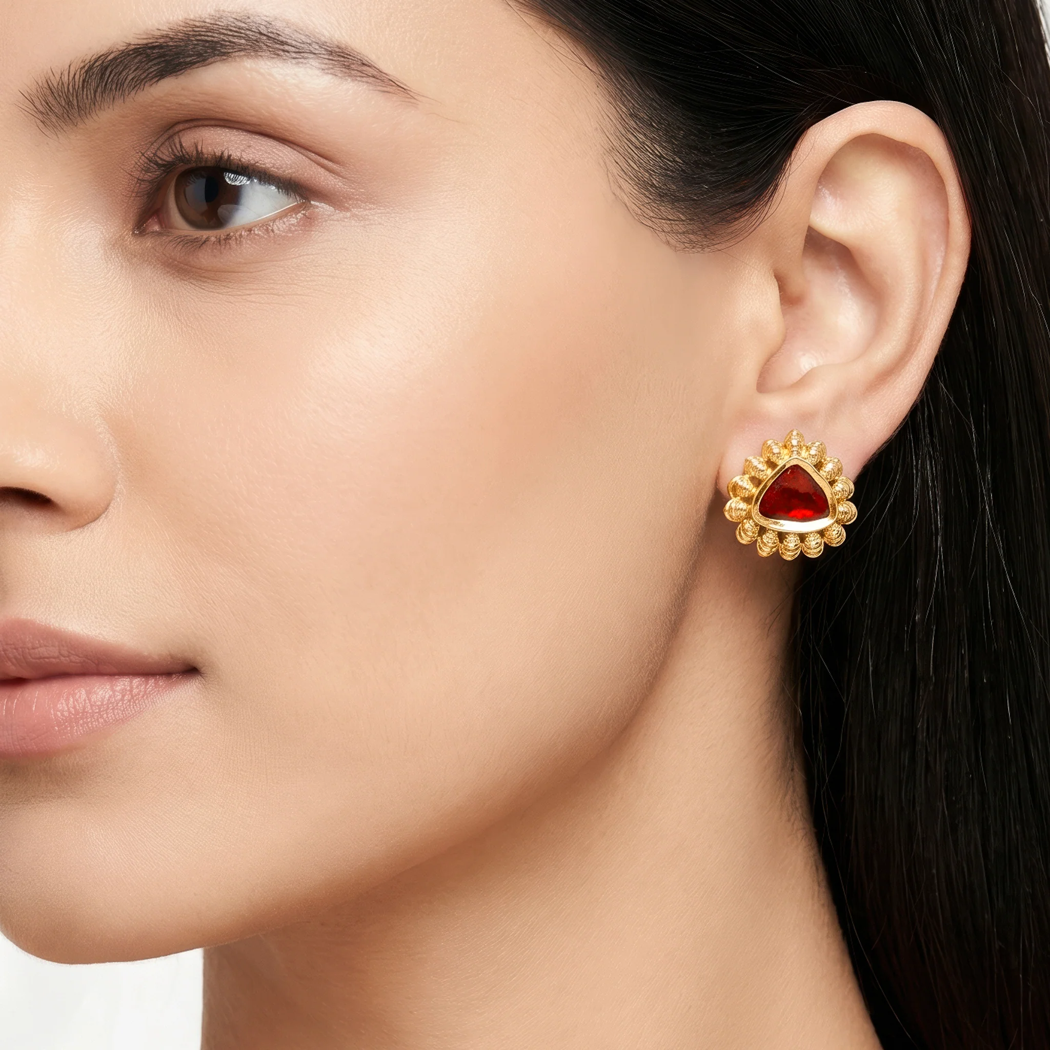 PRAO Earrings Anti-Tarnish Dark Red Triangular Stone Studs - Image 3