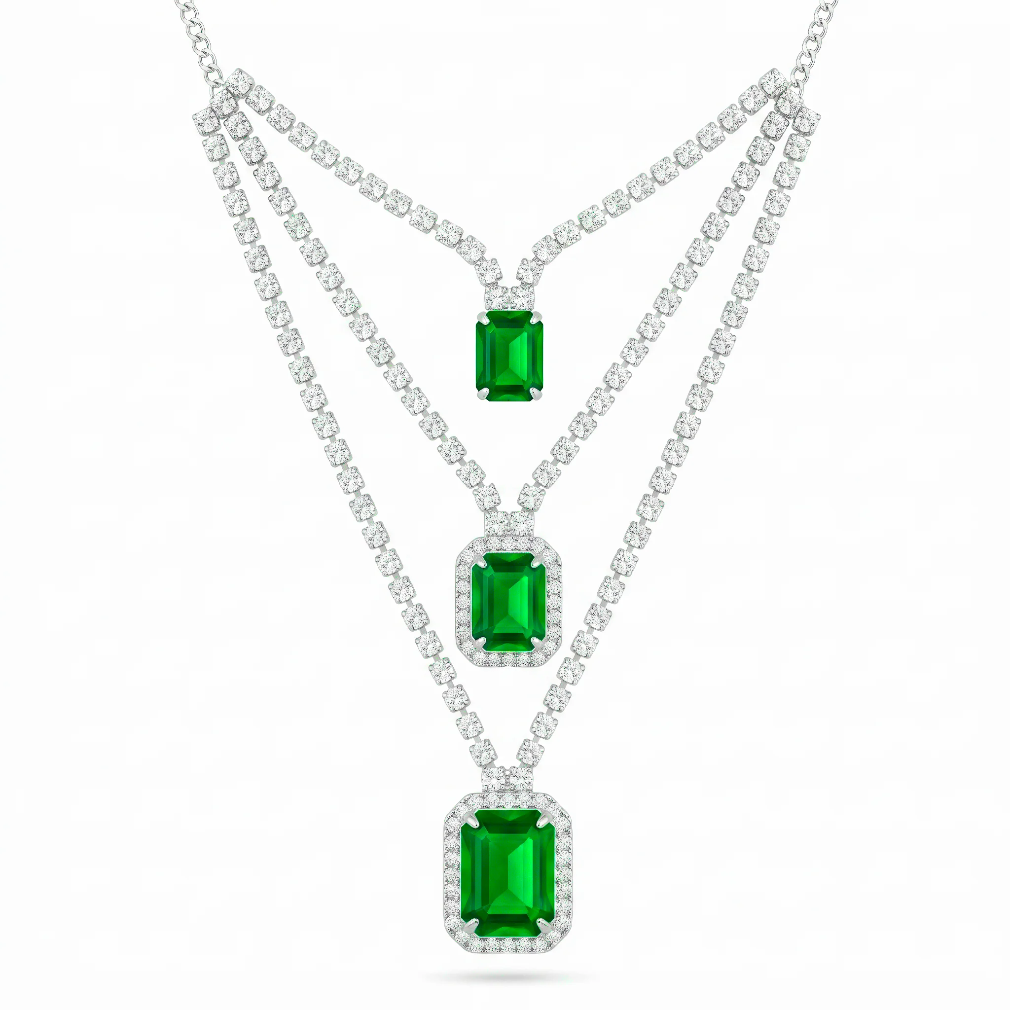 PRAO Necklace Anti-Tarnish Triple-Layered Chain With Emerald-Cut Green Gemstones - Image 3