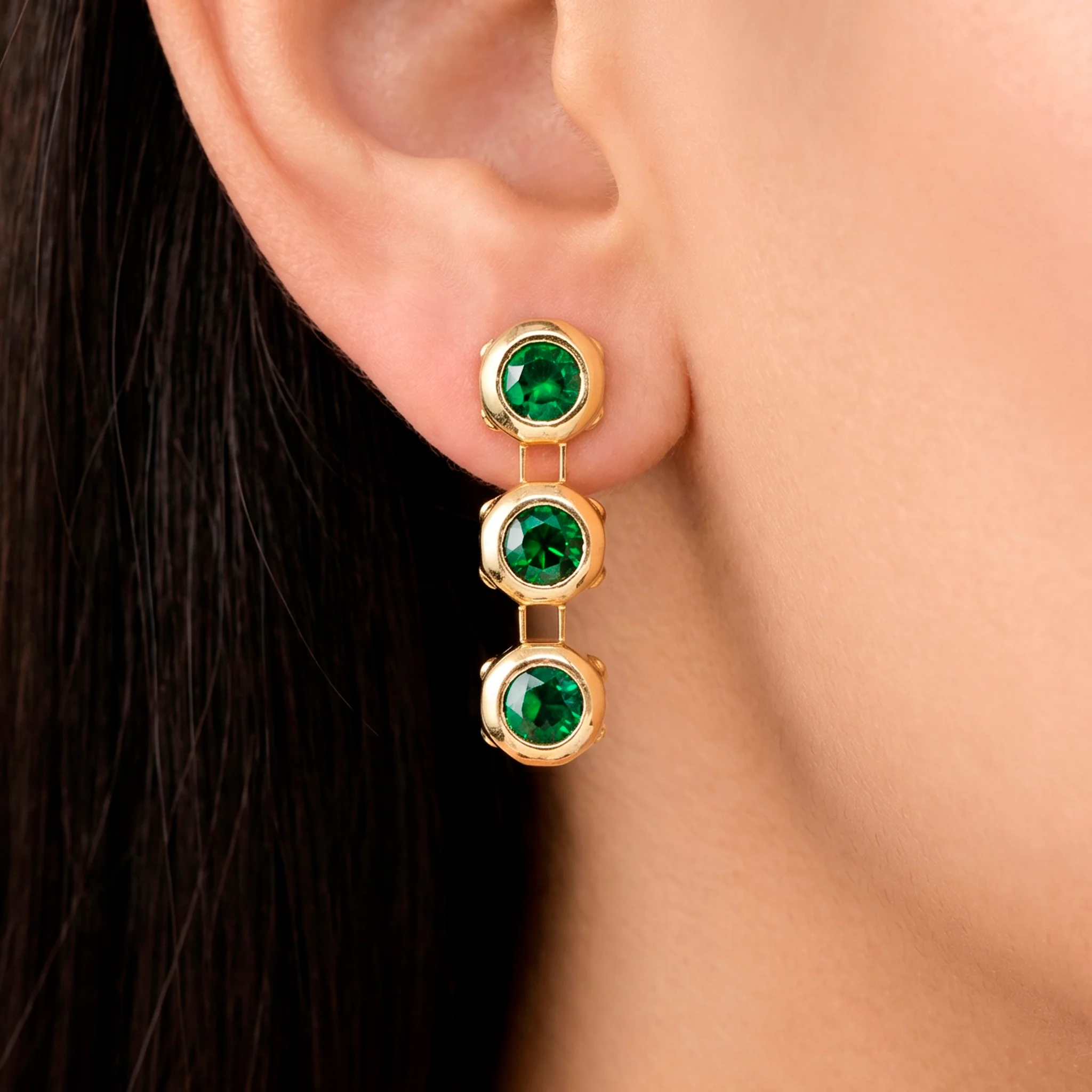 PRAO Earrings Anti-Tarnish Triple-Drop Emerald Green Crystal - Image 2