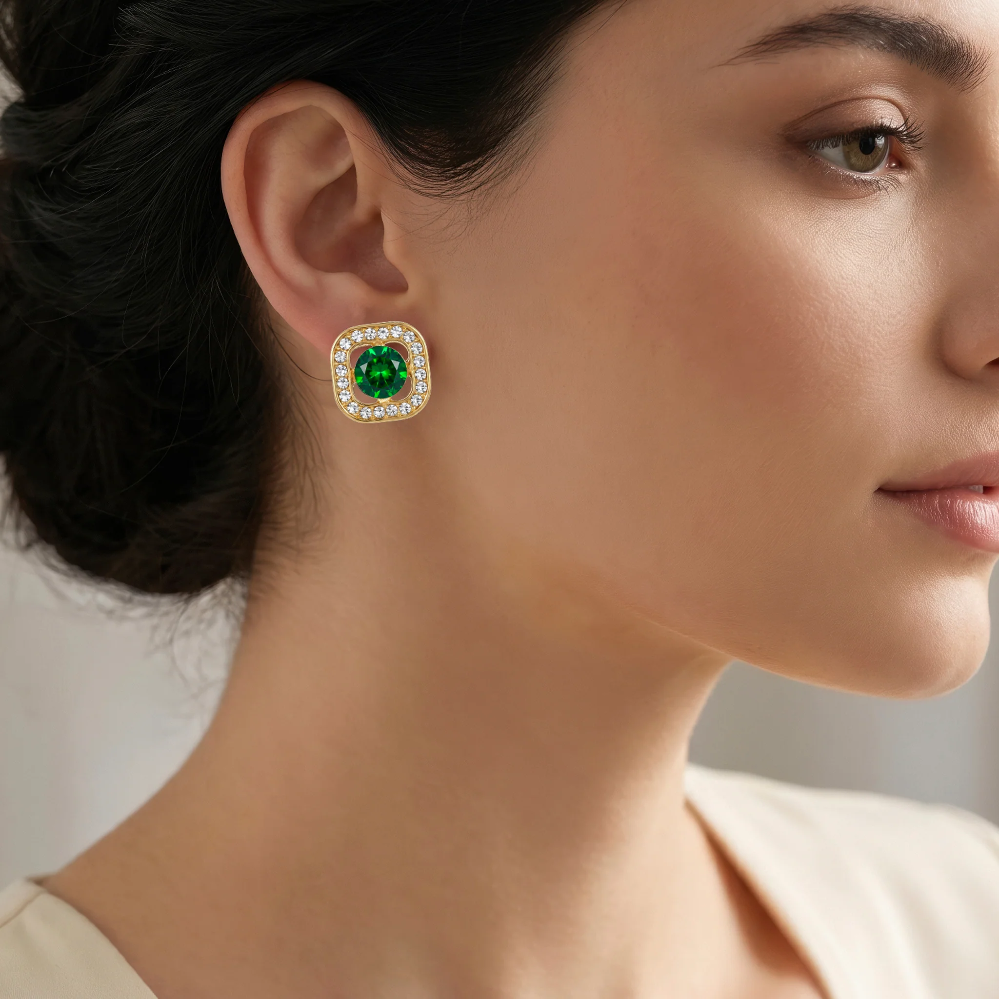 PRAO Earrings Anti-Tarnish Emerald Square Studs - Image 3