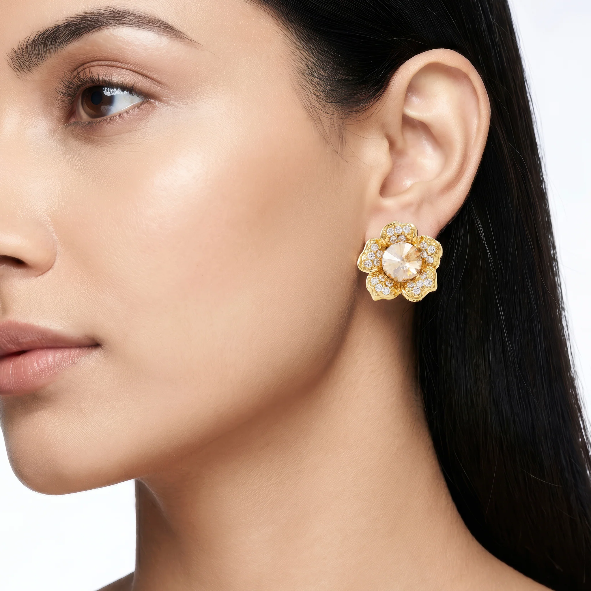 PRAO Earrings Anti-Tarnish Champagne Crystal Flower Minimalist - Image 2