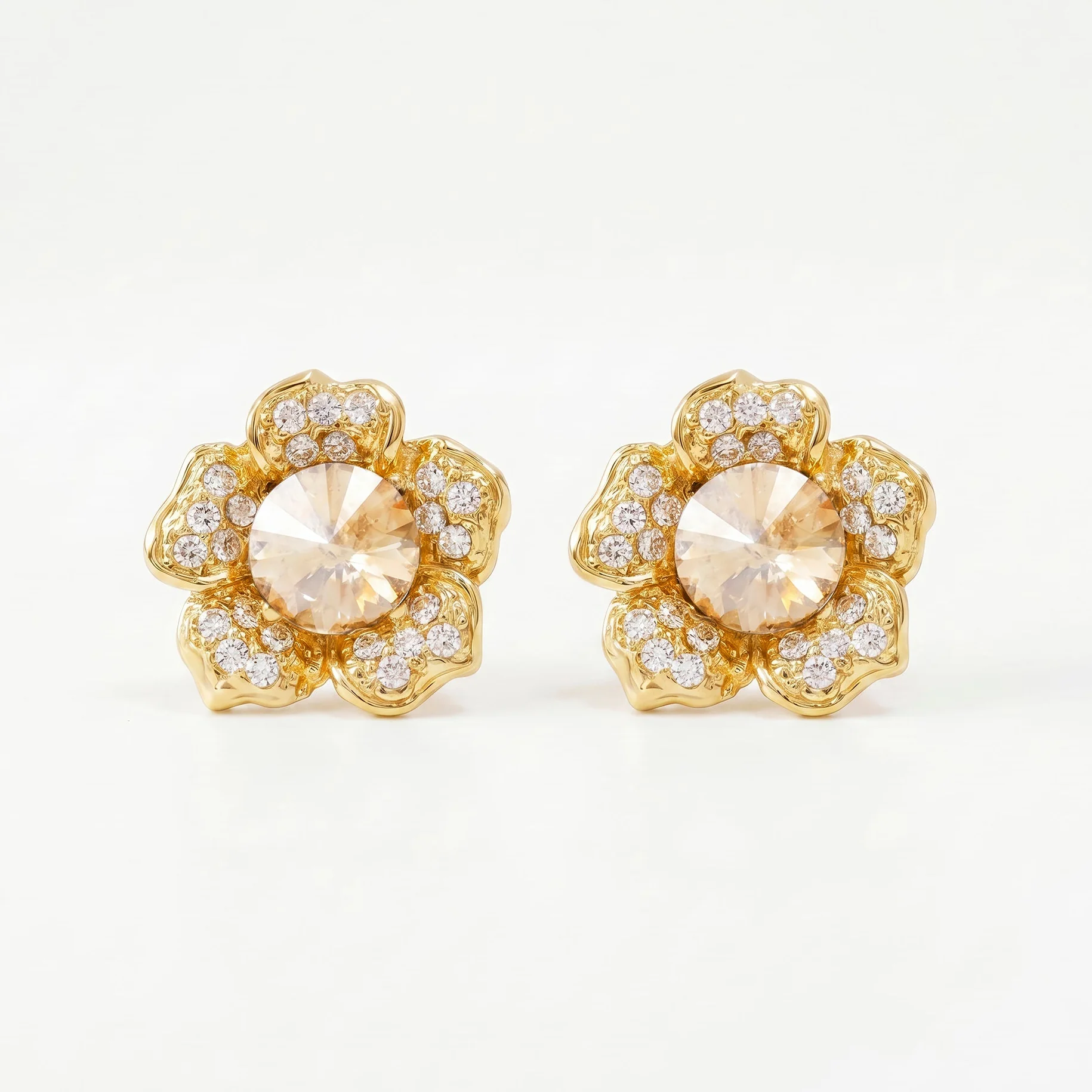 PRAO Earrings Anti-Tarnish Champagne Crystal Flower Minimalist - Image 3