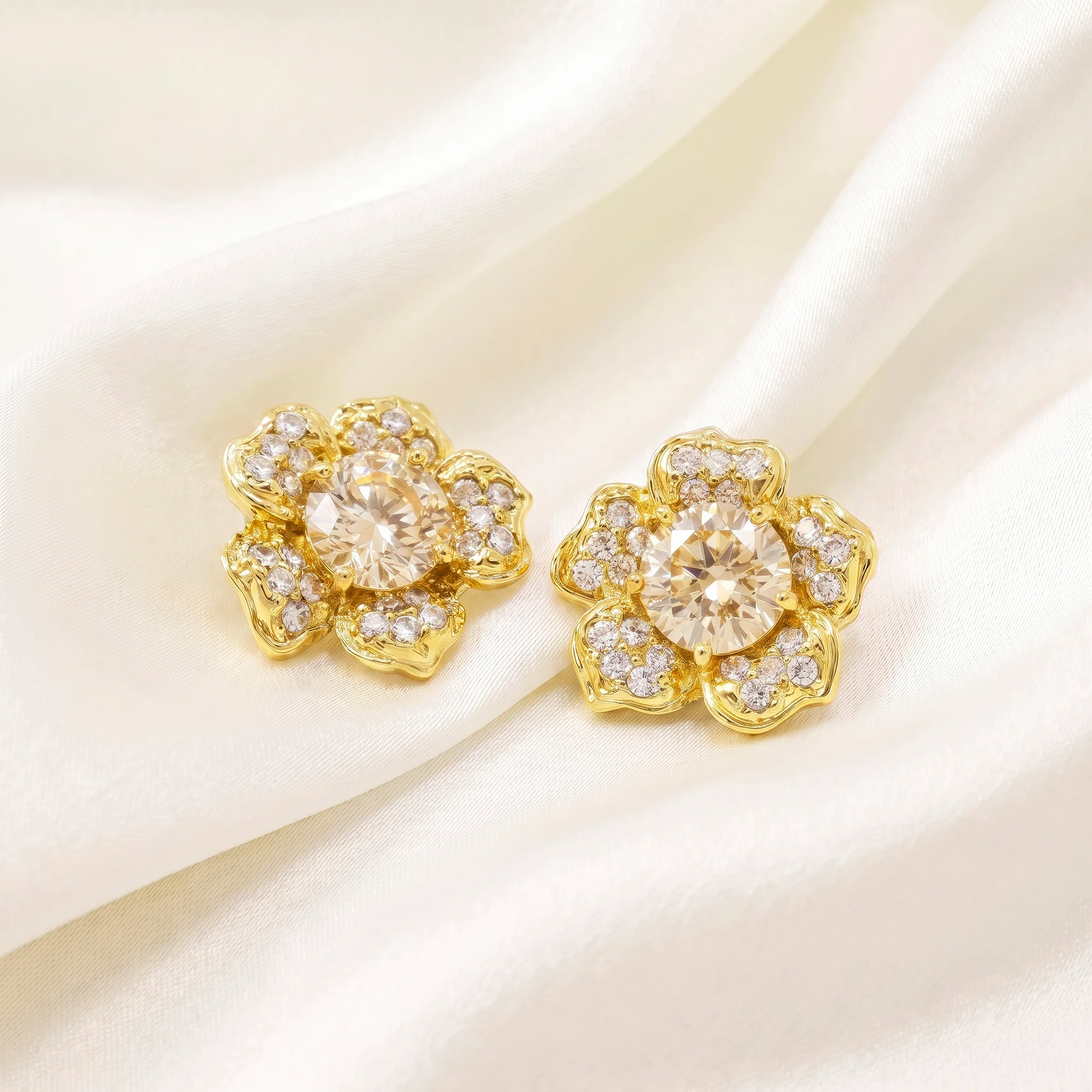 PRAO Earrings Anti-Tarnish Champagne Crystal Flower Minimalist - Image 4