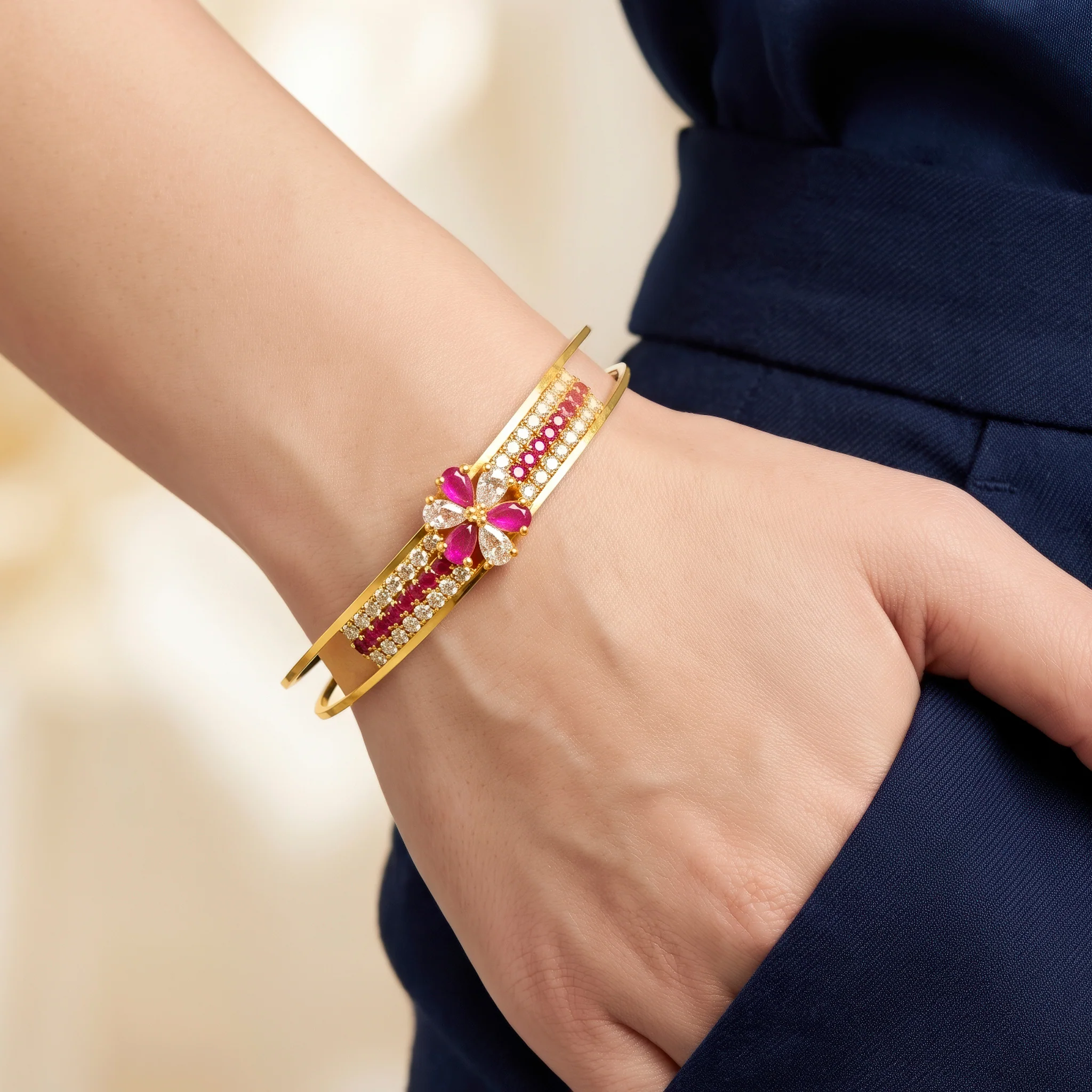 PRAO Bracelet Anti-Tarnish Floral Crystal Bangle (Adjustable Size) - Image 2