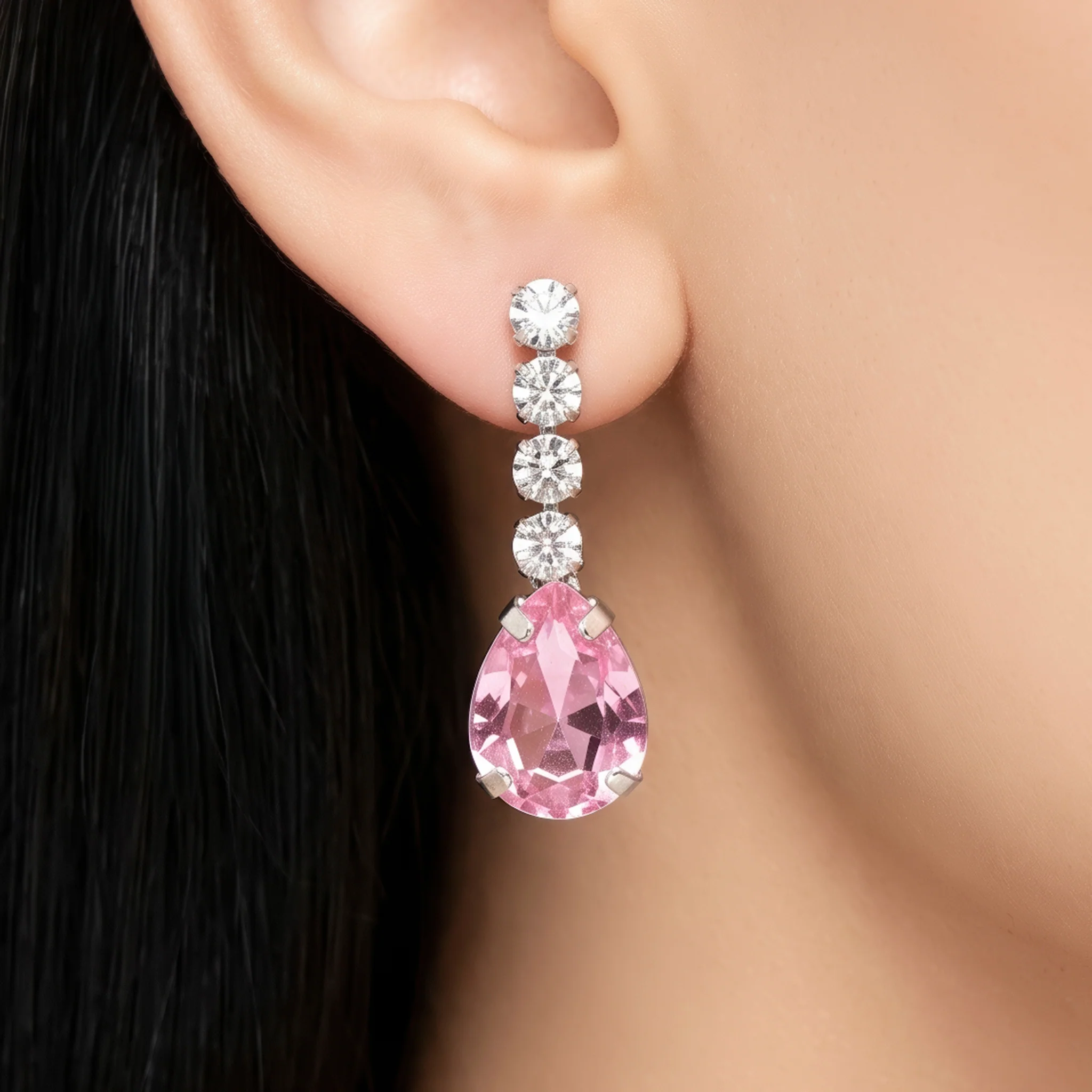 PRAO Earrings Anti-Tarnish Pink Crystal Dangles - Image 2